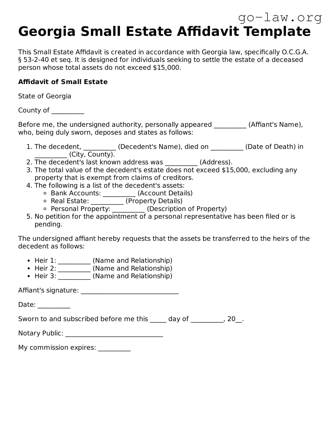 Fillable Georgia Small Estate Affidavit Form