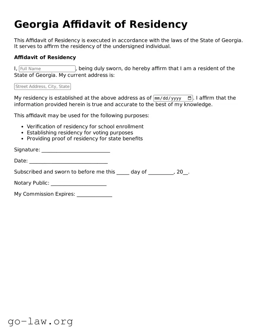 Fillable Georgia Affidavit of Residency Form