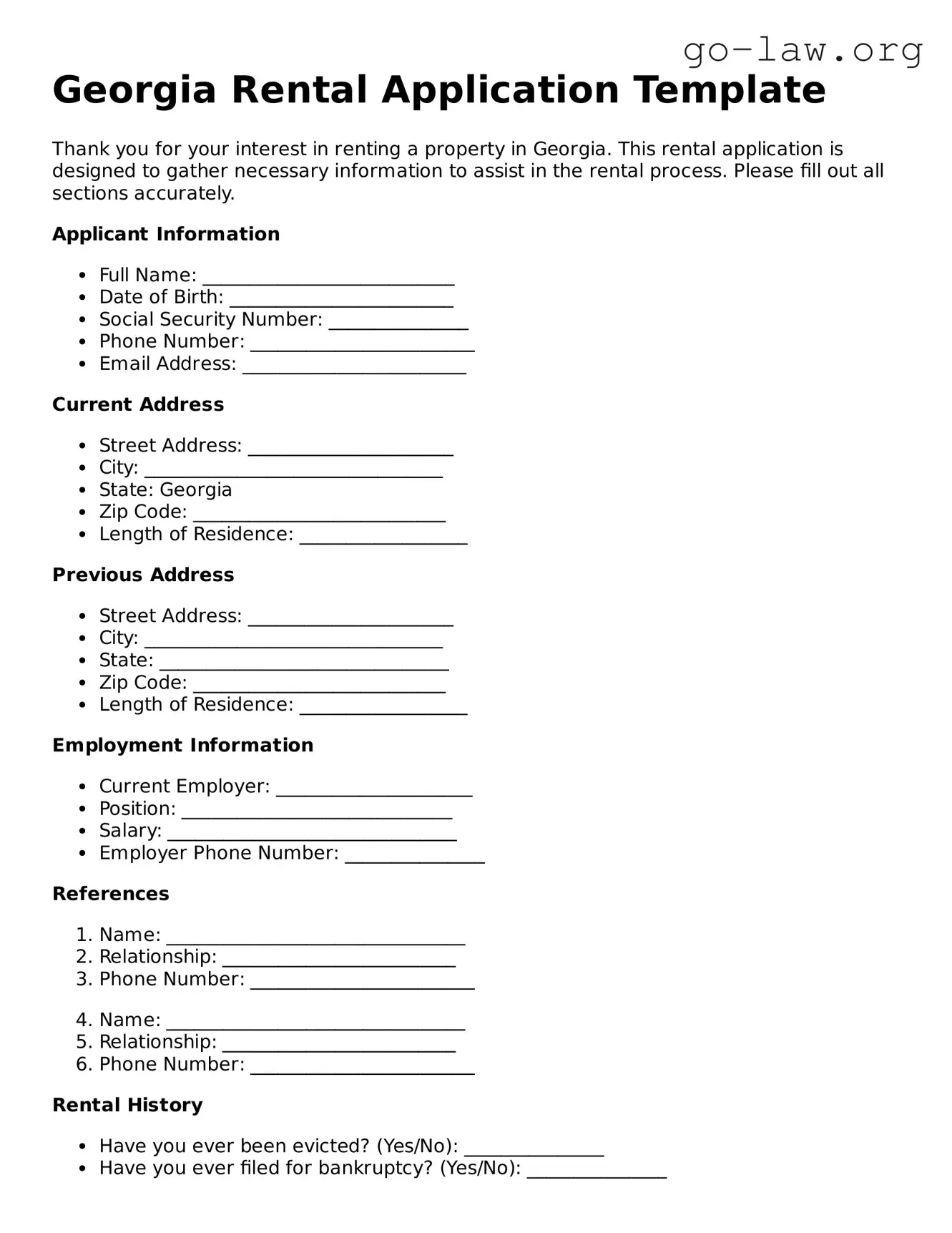 Fillable Georgia Rental Application Form