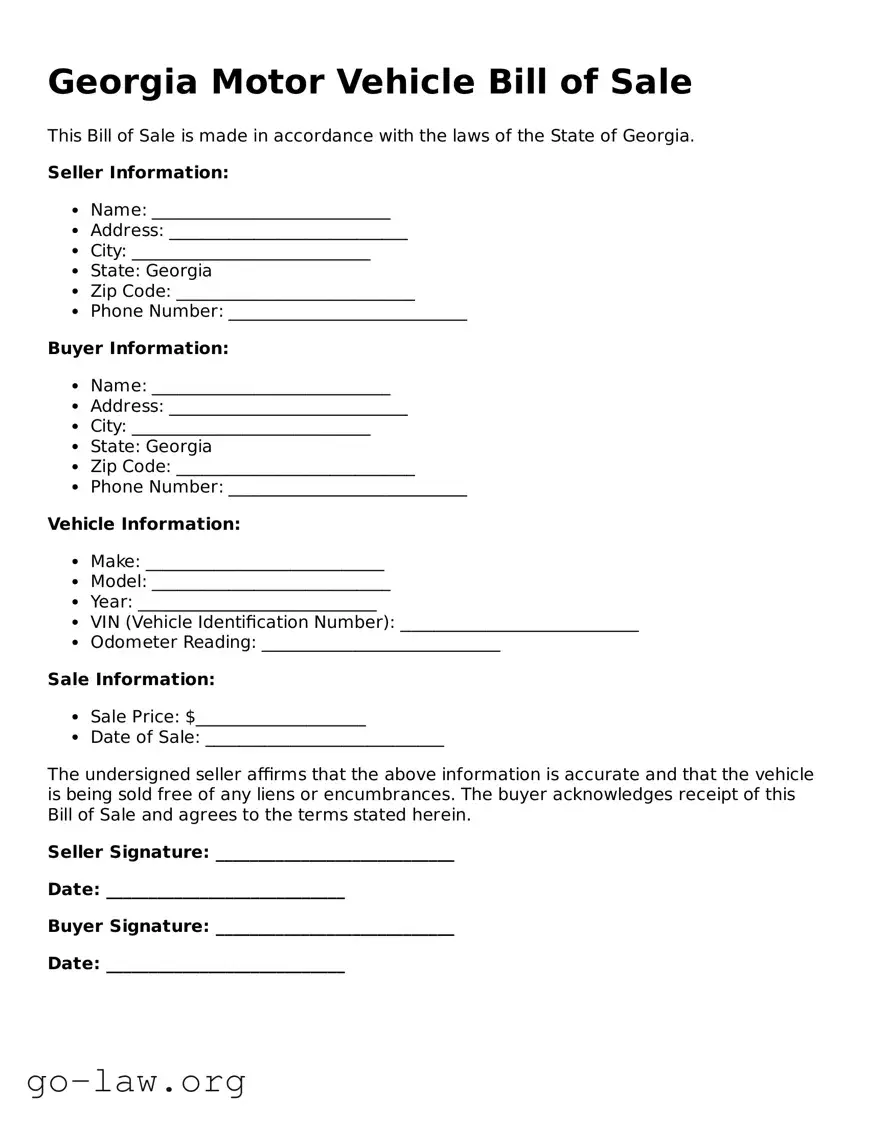 Fillable Georgia Motor Vehicle Bill of Sale Form