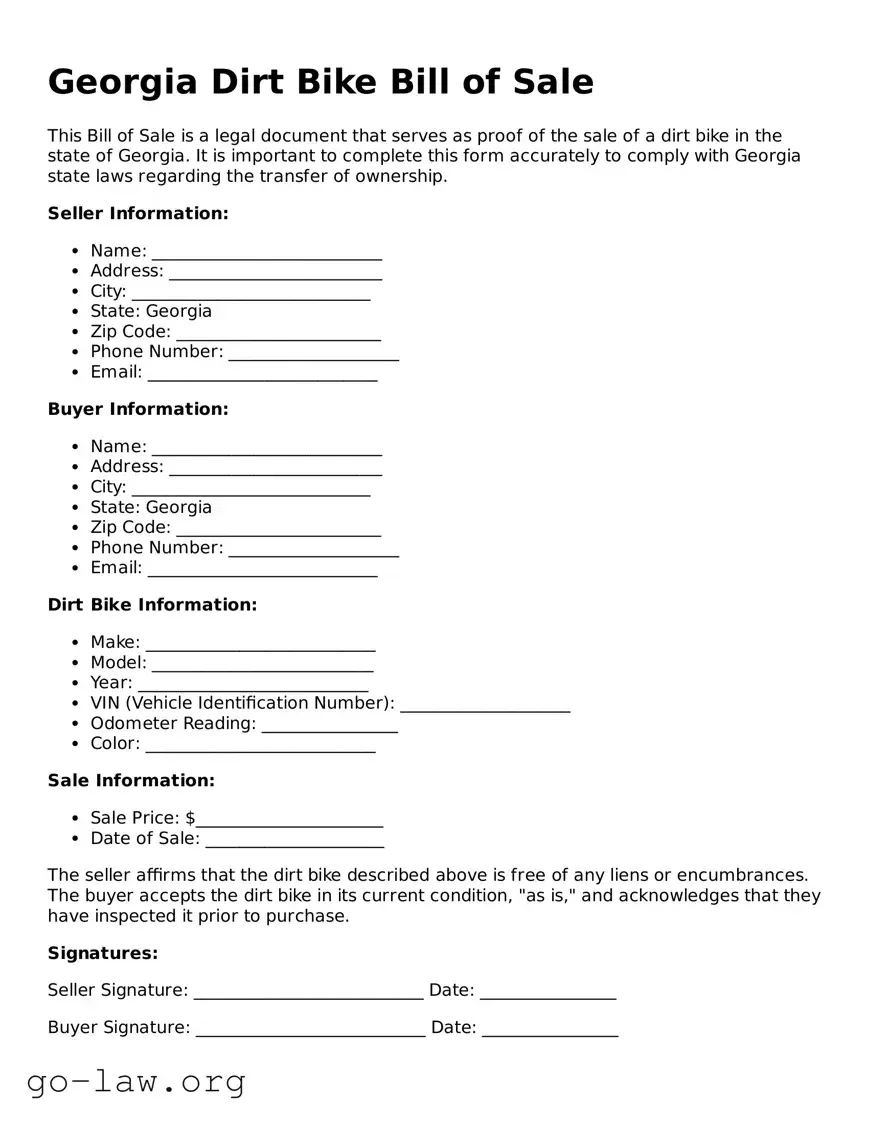 Fillable Georgia Dirt Bike Bill of Sale Form