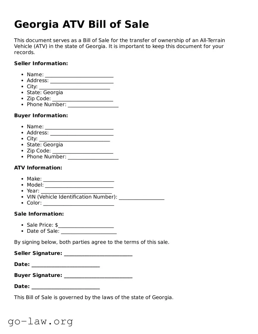 Fillable Georgia ATV Bill of Sale Form