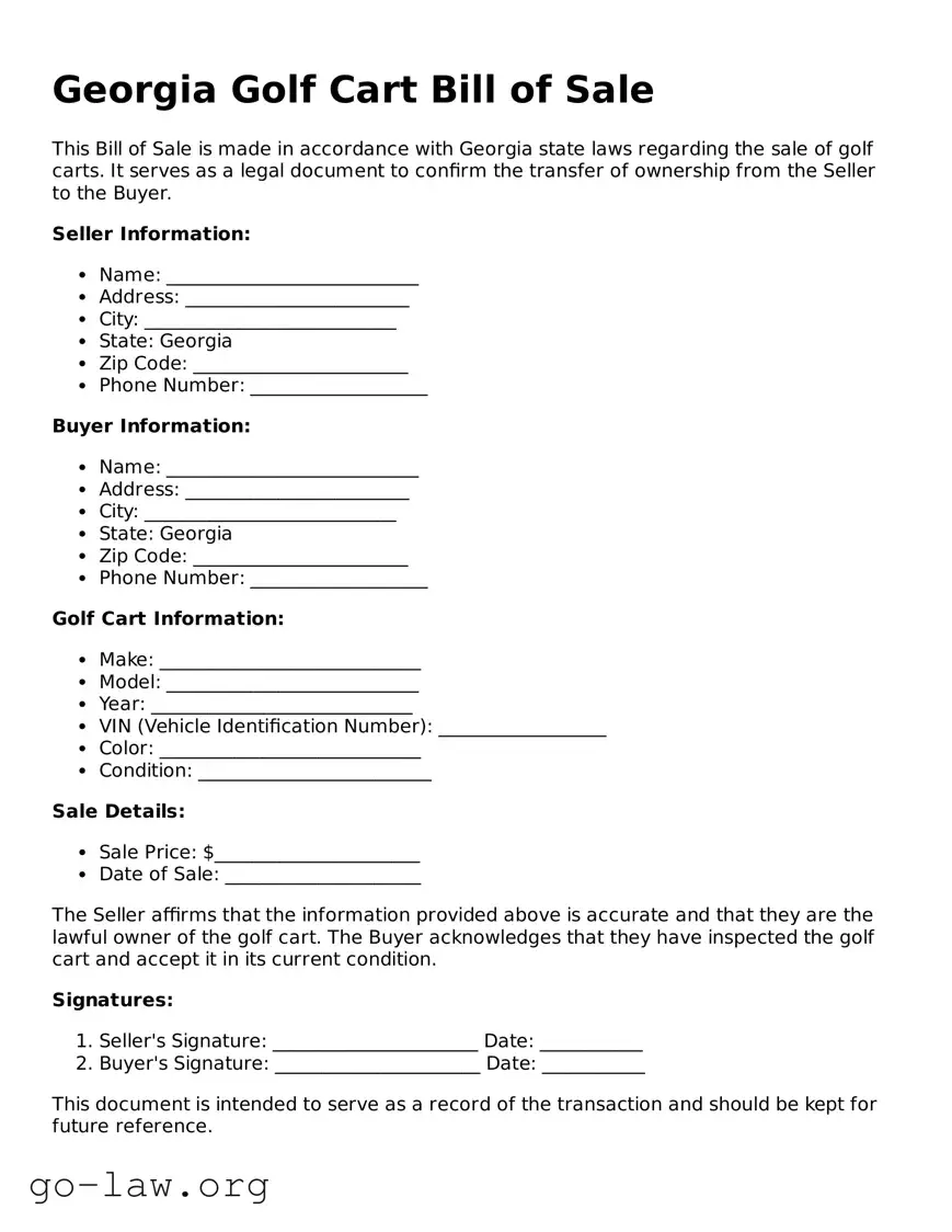 Fillable Georgia Golf Cart Bill of Sale Form