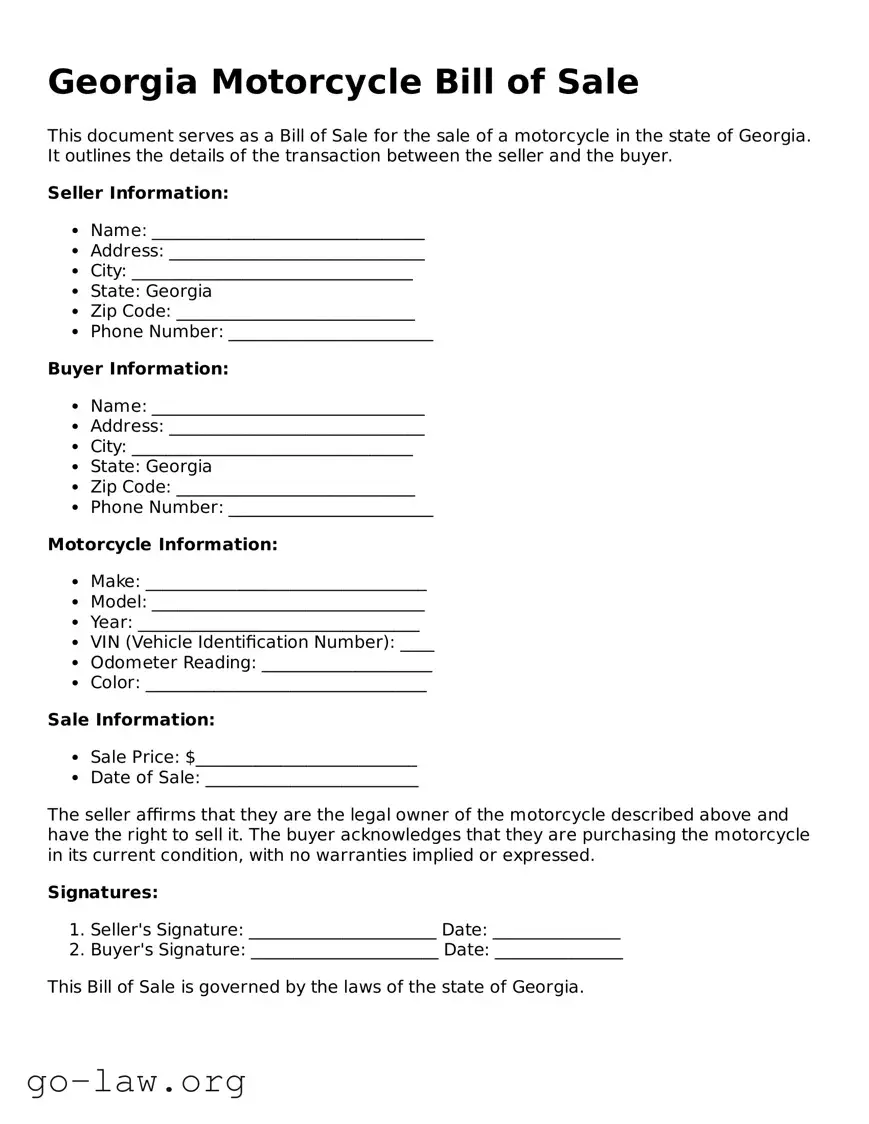 Fillable Georgia Motorcycle Bill of Sale Form