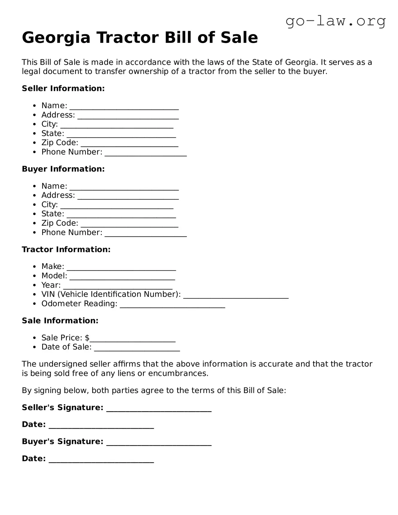 Fillable Georgia Tractor Bill of Sale Form