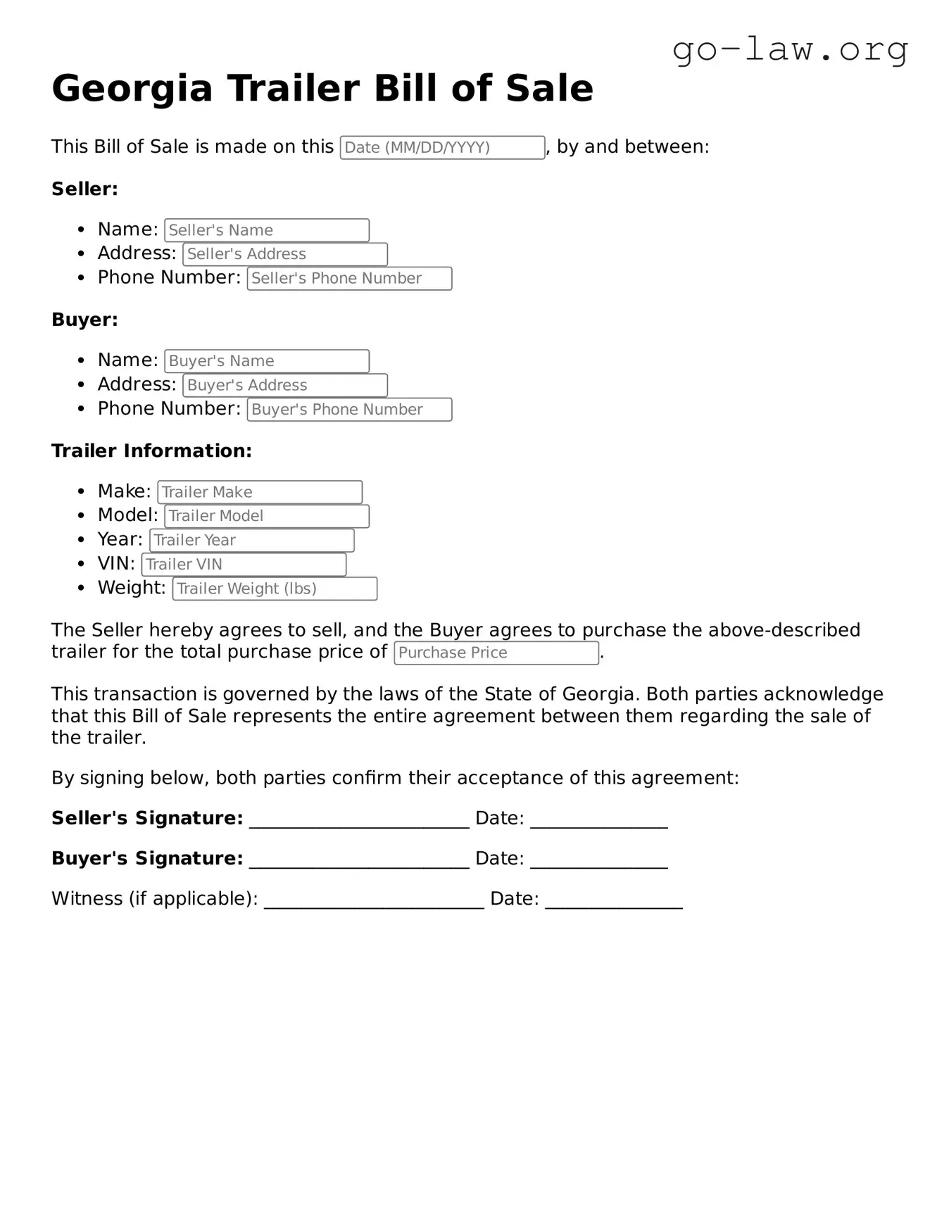 Fillable Georgia Trailer Bill of Sale Form