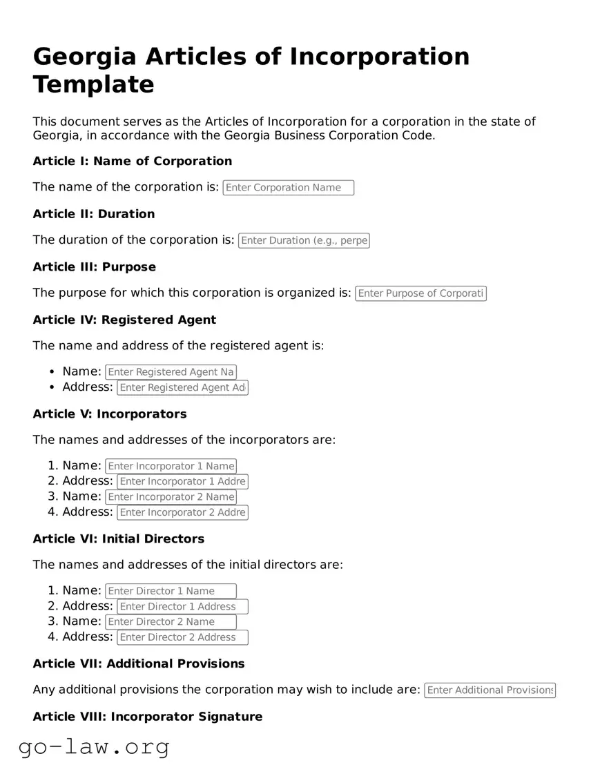 Fillable Georgia Articles of Incorporation Form