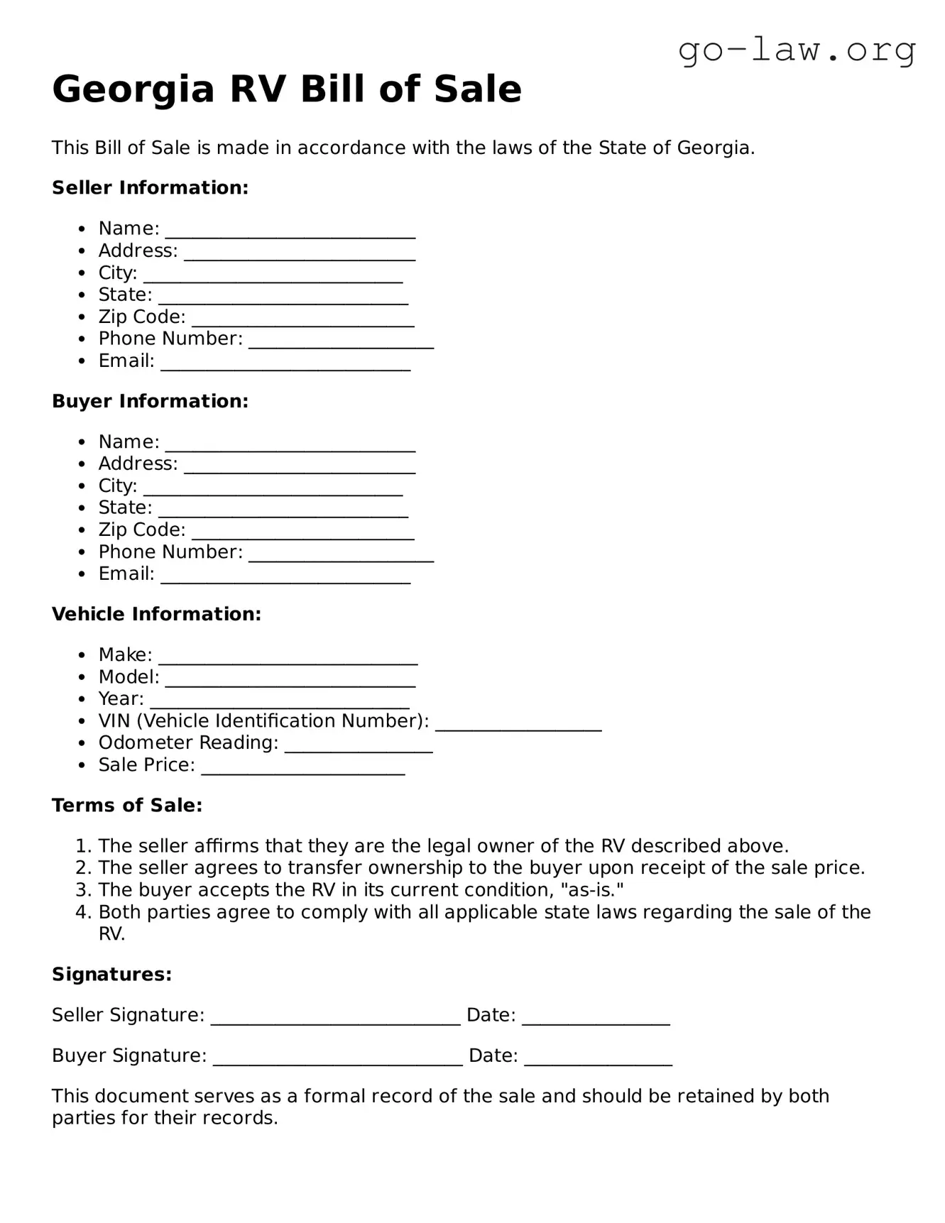 Fillable Georgia RV Bill of Sale Form