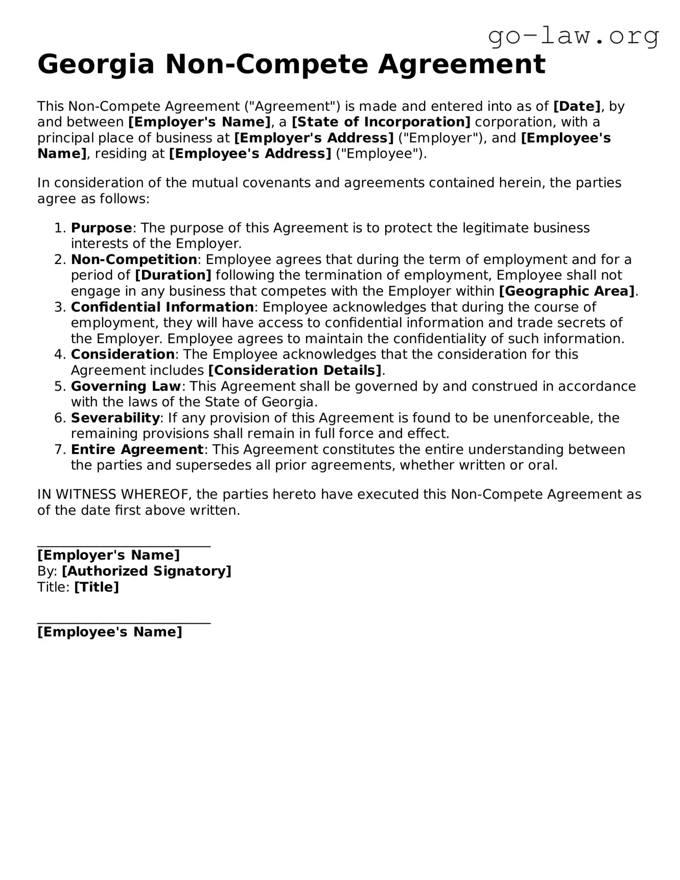 Fillable Georgia Non-compete Agreement Form