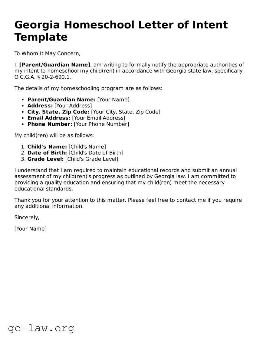 Fillable Georgia Homeschool Letter of Intent Form