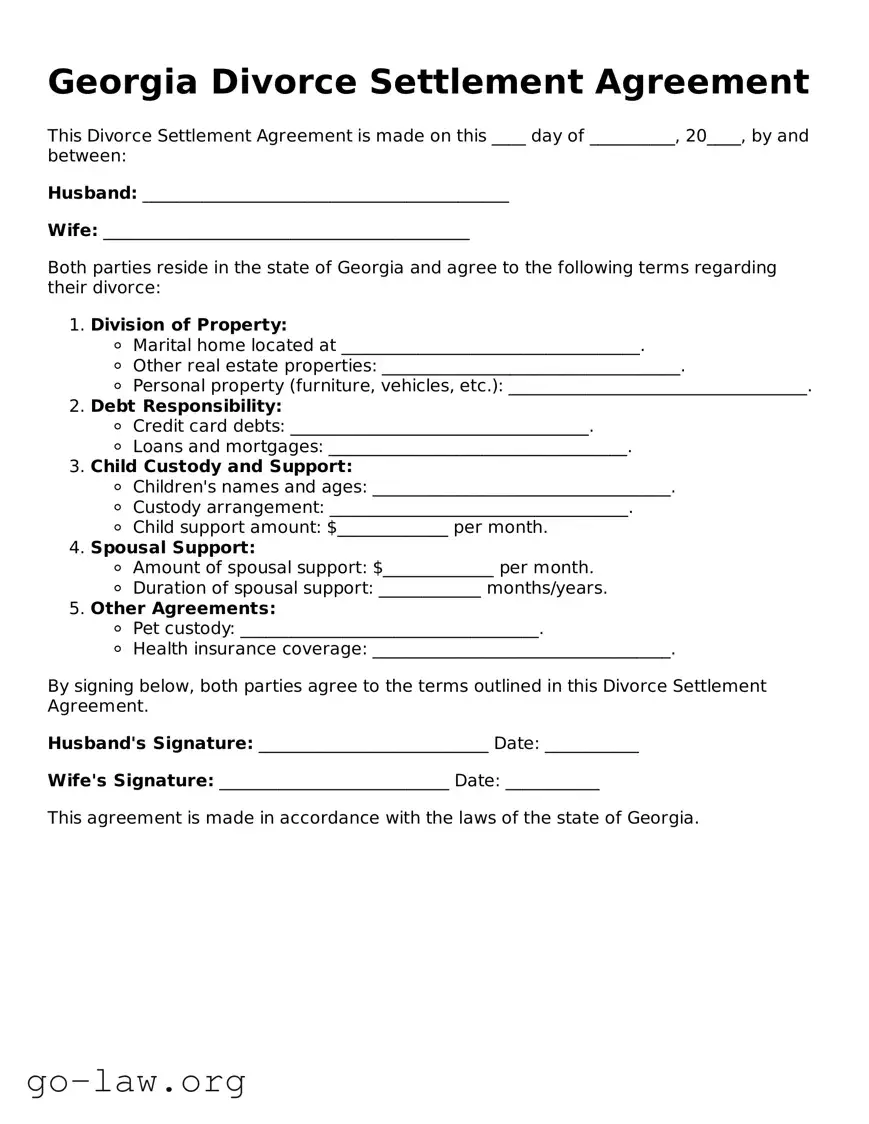 Fillable Georgia Divorce Settlement Agreement Form