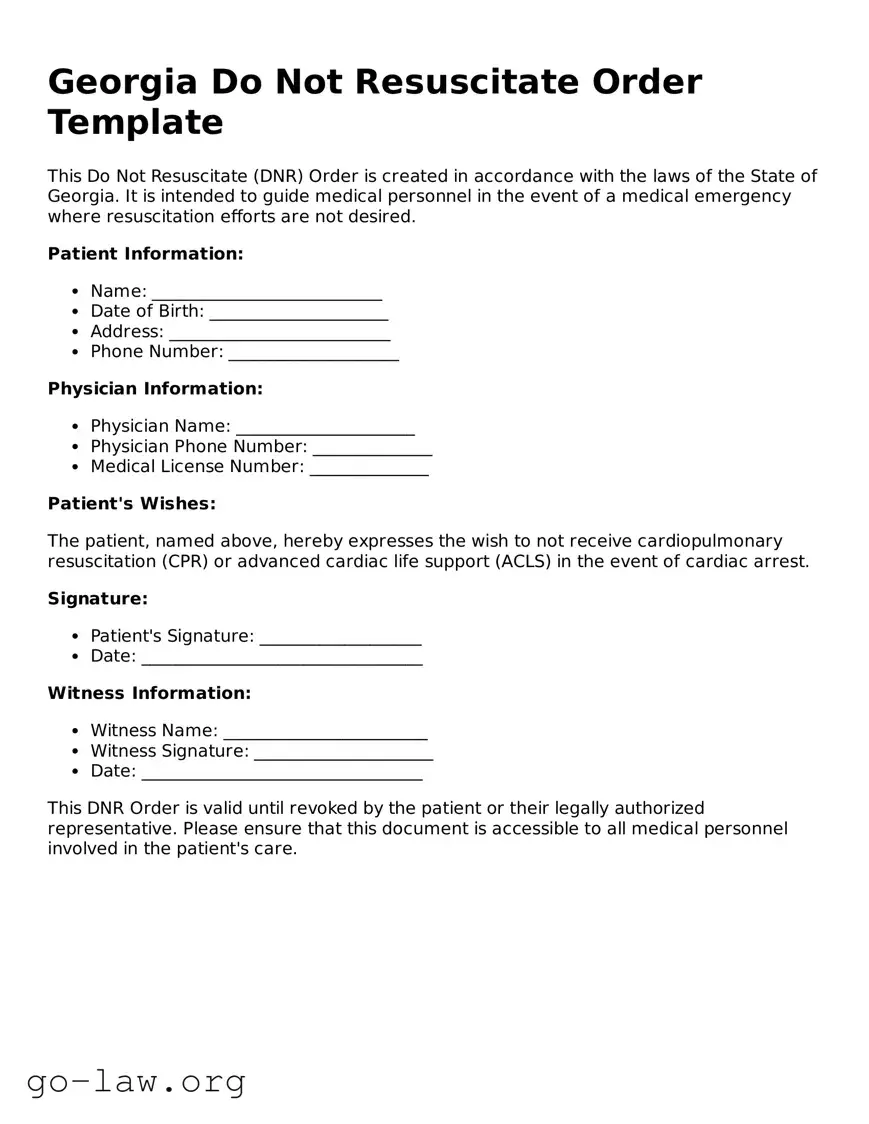 Fillable Georgia Do Not Resuscitate Order Form