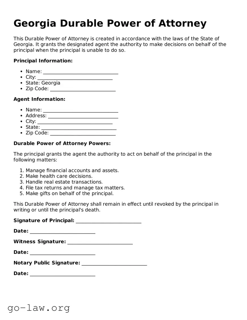 Fillable Georgia Durable Power of Attorney Form