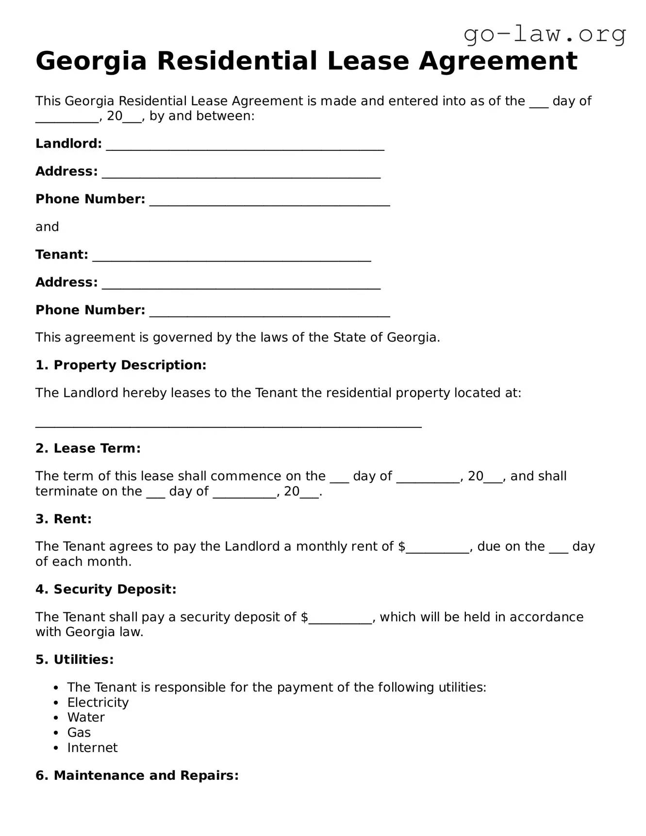 Fillable Georgia Residential Lease Agreement Form