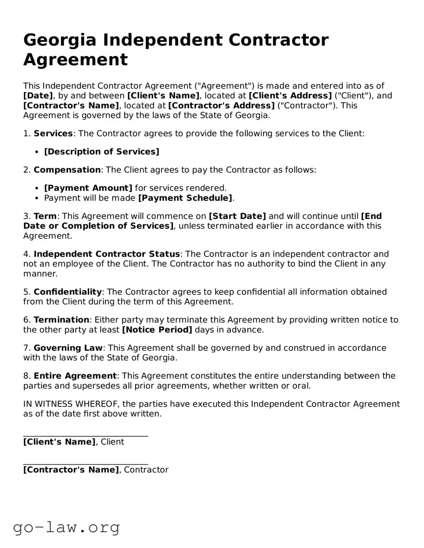 Fillable Georgia Independent Contractor Agreement Form