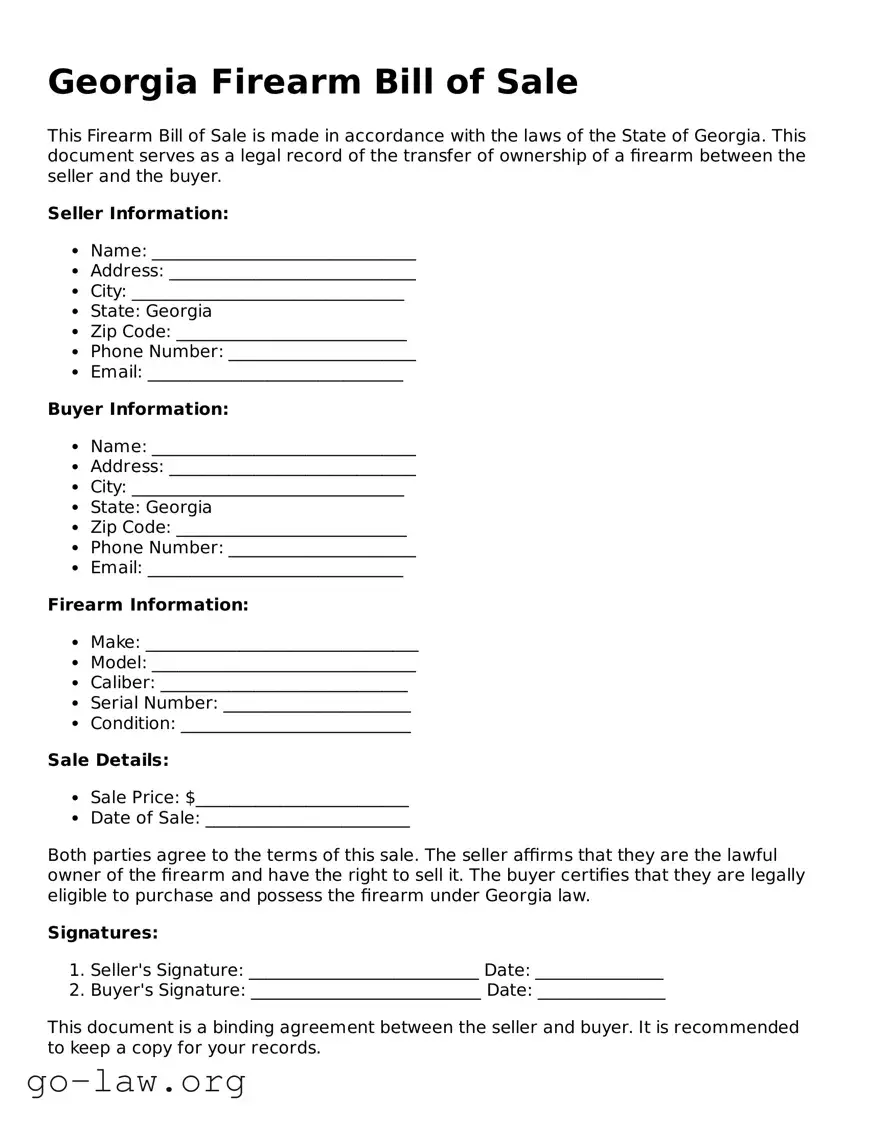 Fillable Georgia Firearm Bill of Sale Form