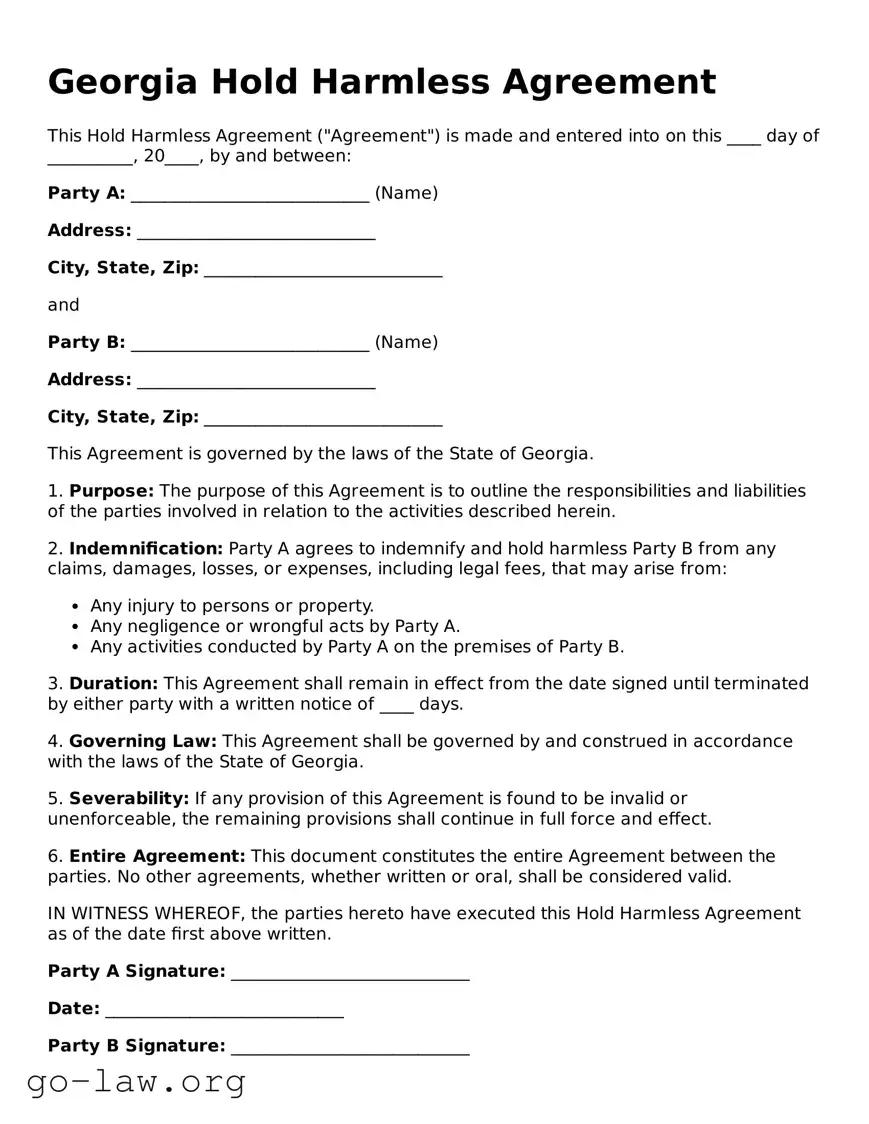 Fillable Georgia Hold Harmless Agreement Form