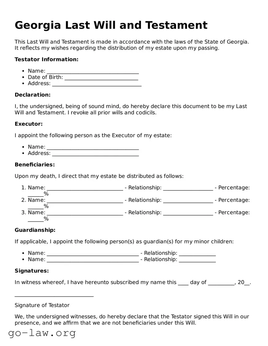 Fillable Georgia Last Will and Testament Form