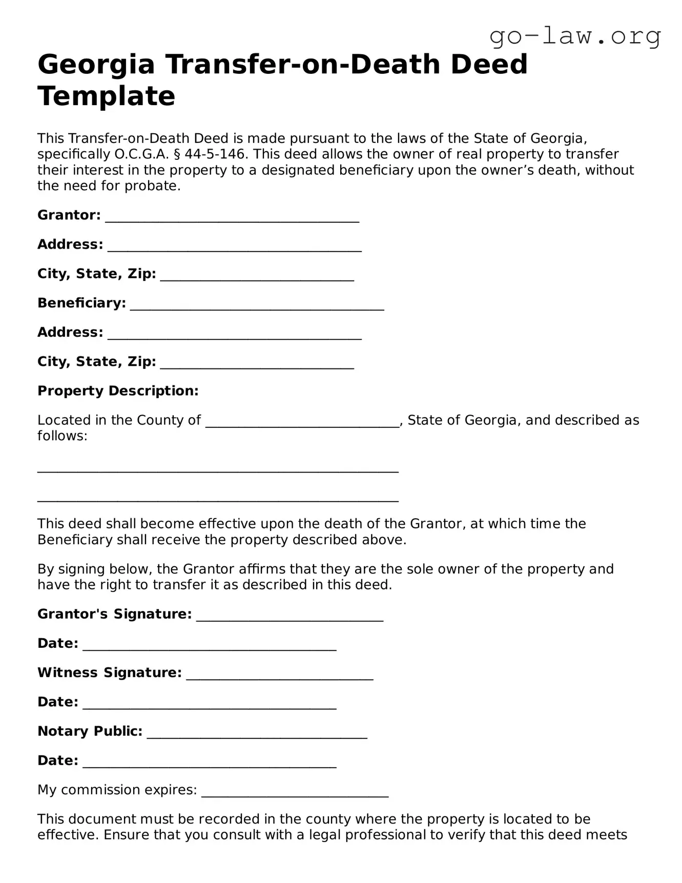 Fillable Georgia Transfer-on-Death Deed Form