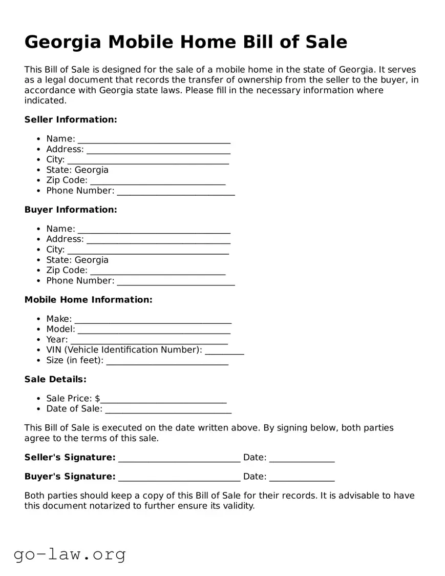 Fillable Georgia Mobile Home Bill of Sale Form