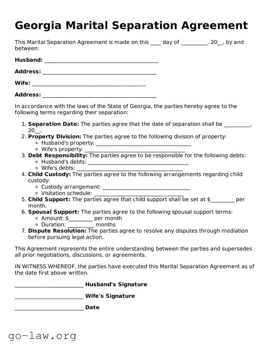 Fillable Georgia Marital Separation Agreement Form
