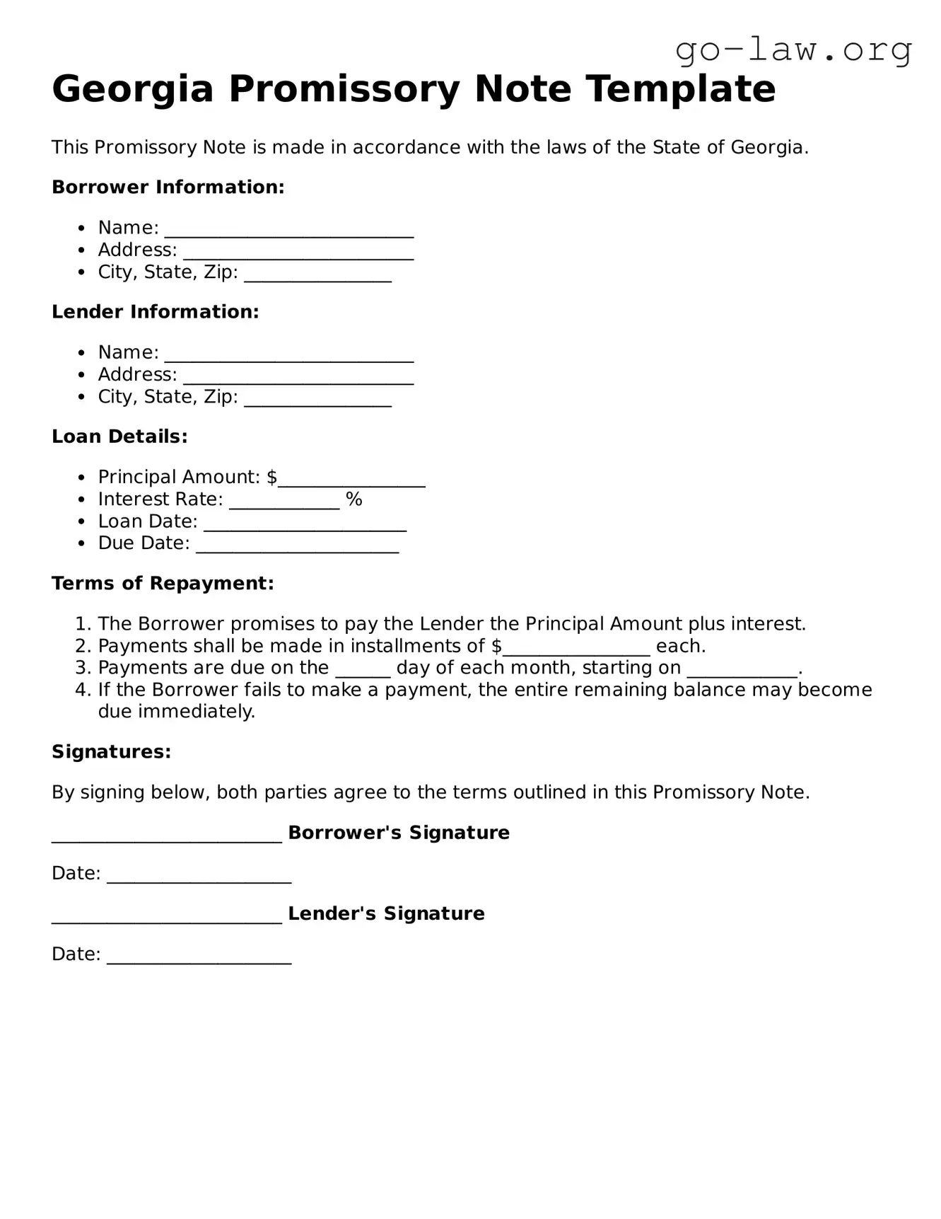 Fillable Georgia Promissory Note Form