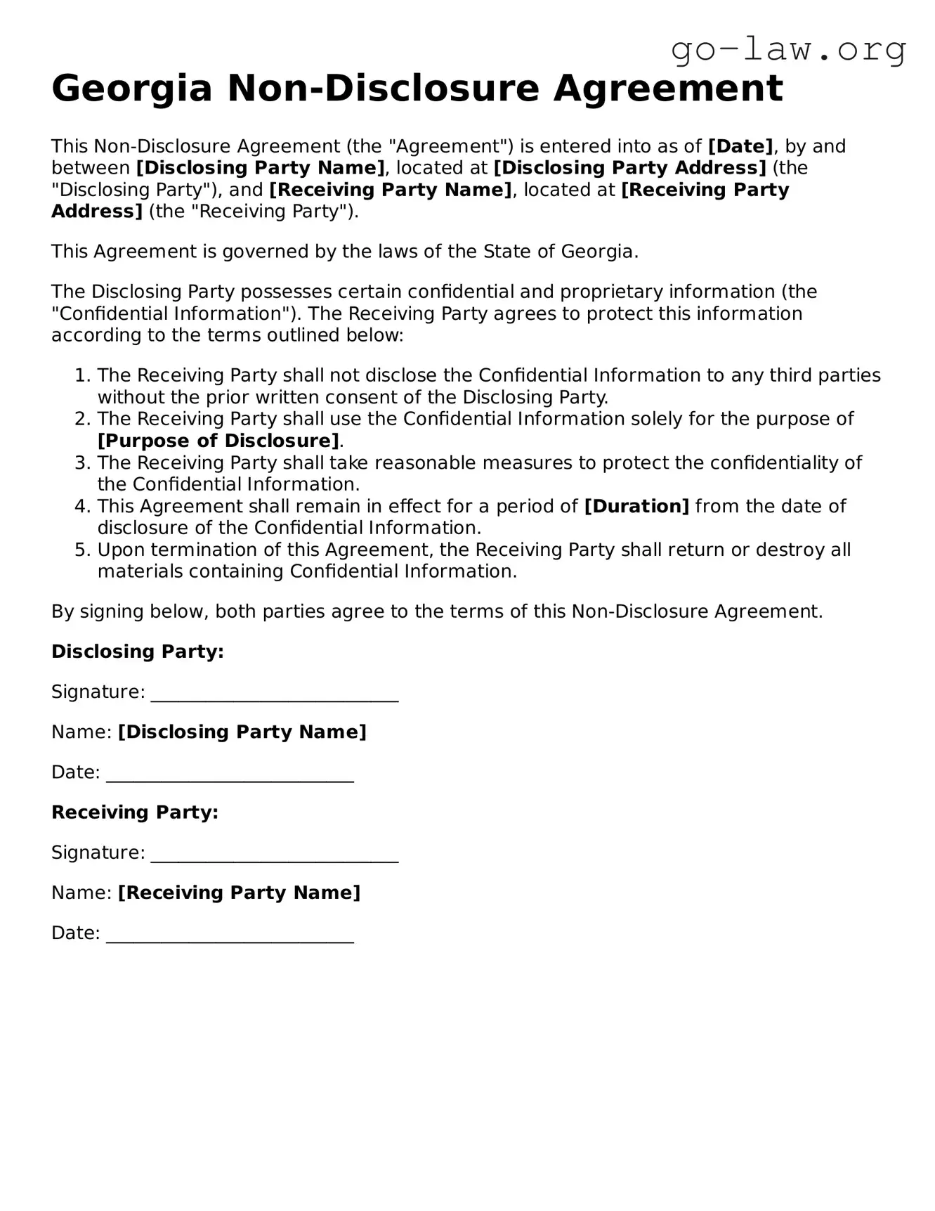 Fillable Georgia Non-disclosure Agreement Form