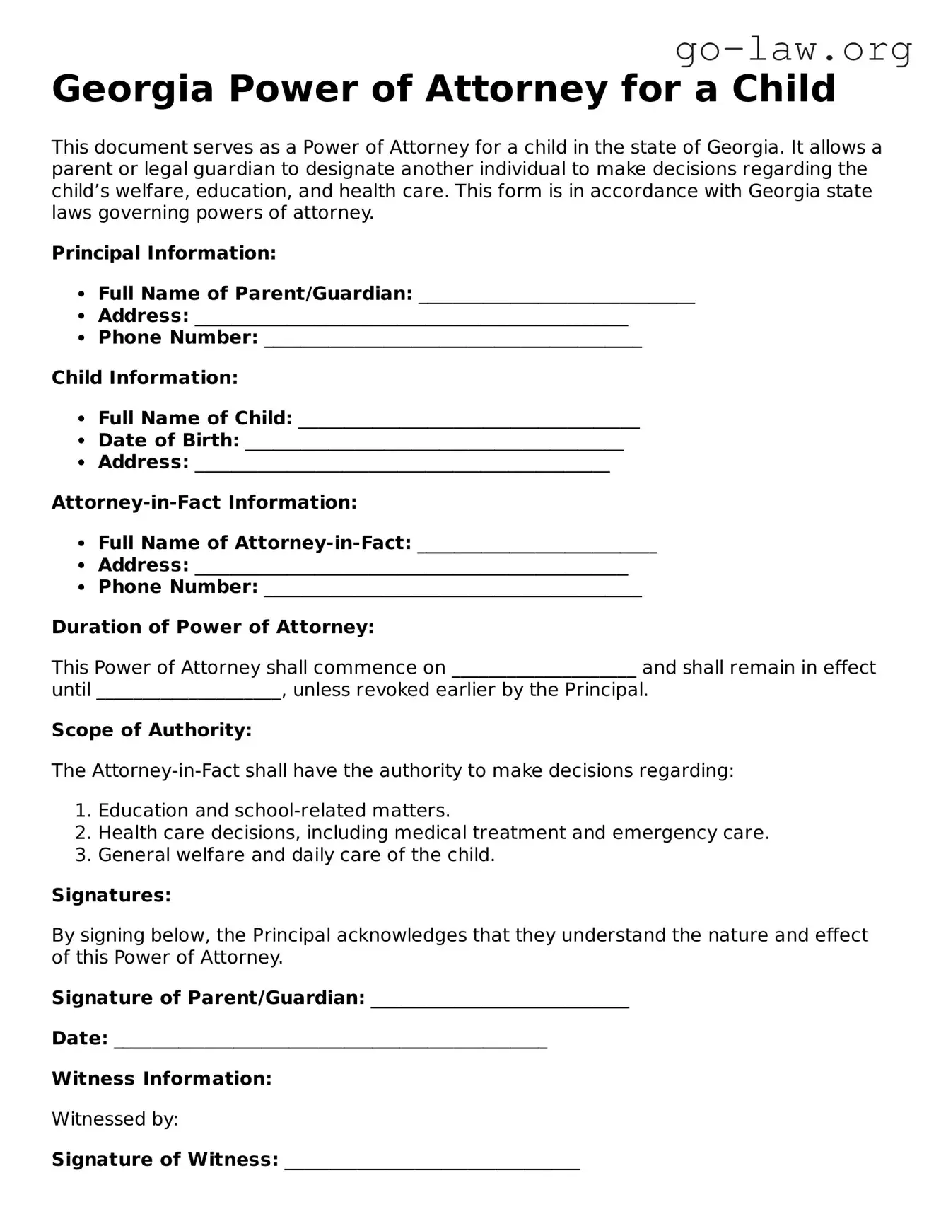 Fillable Georgia Power of Attorney for a Child Form