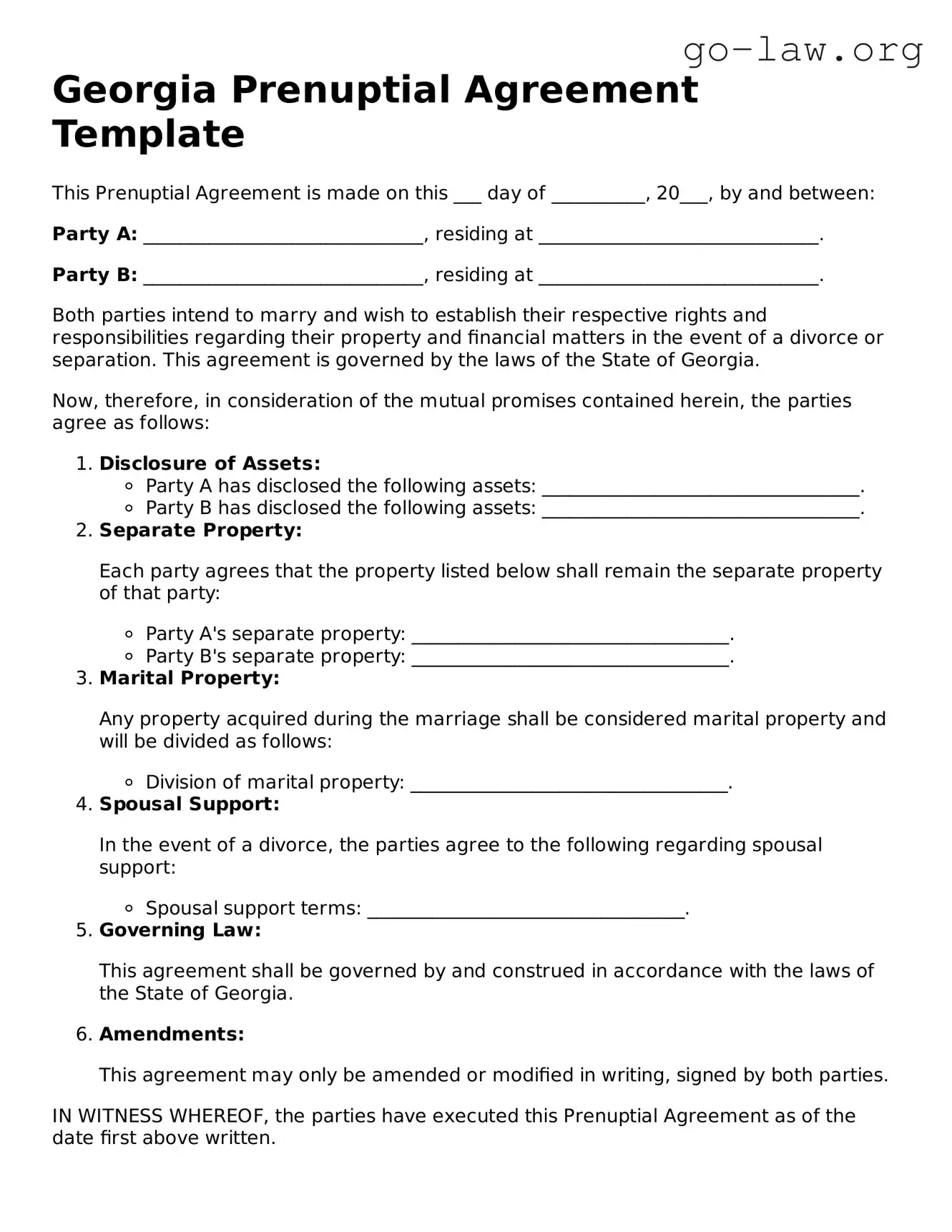 Fillable Georgia Prenuptial Agreement Form