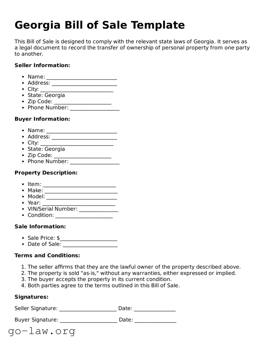 Fillable Georgia Bill of Sale Form