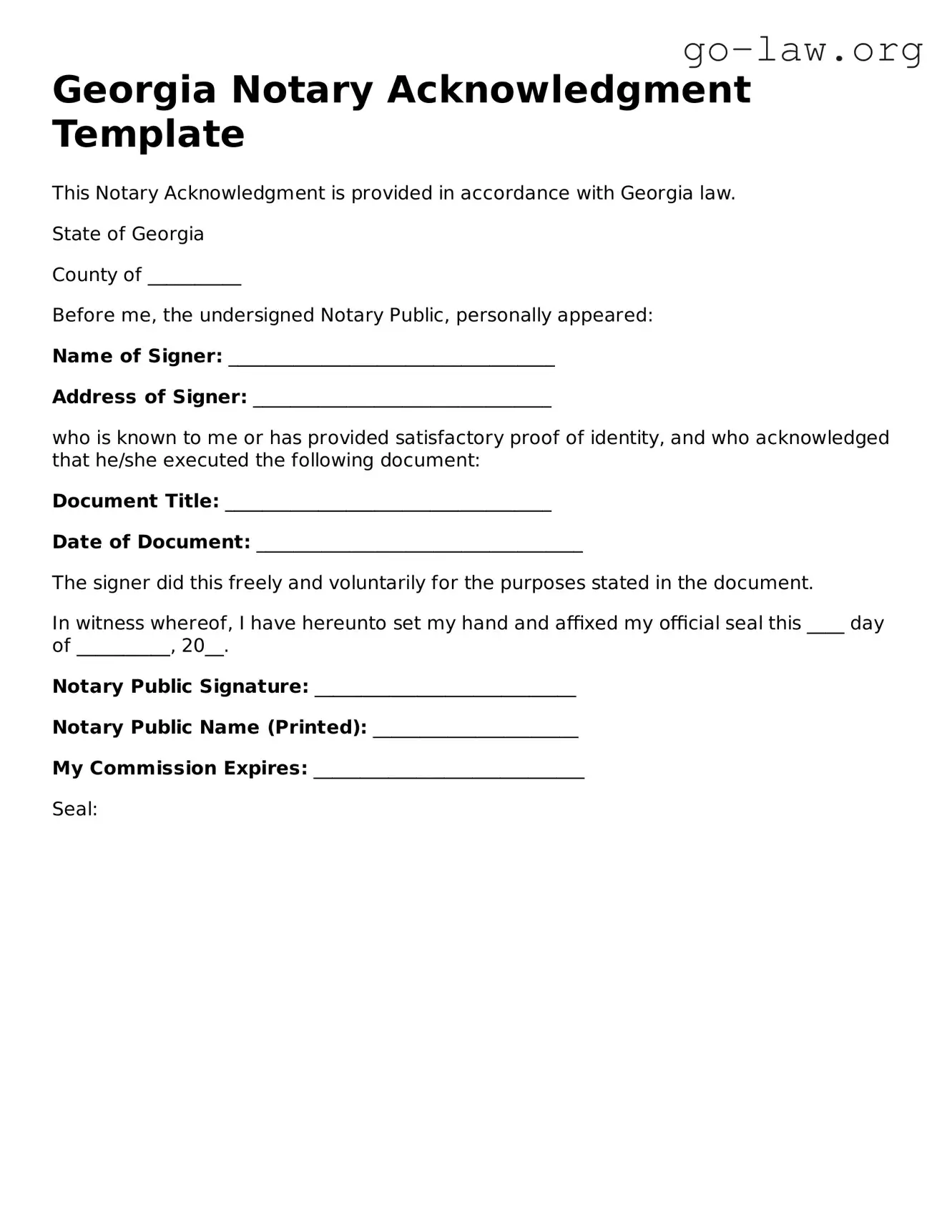 Fillable Georgia Notary Acknowledgement Form