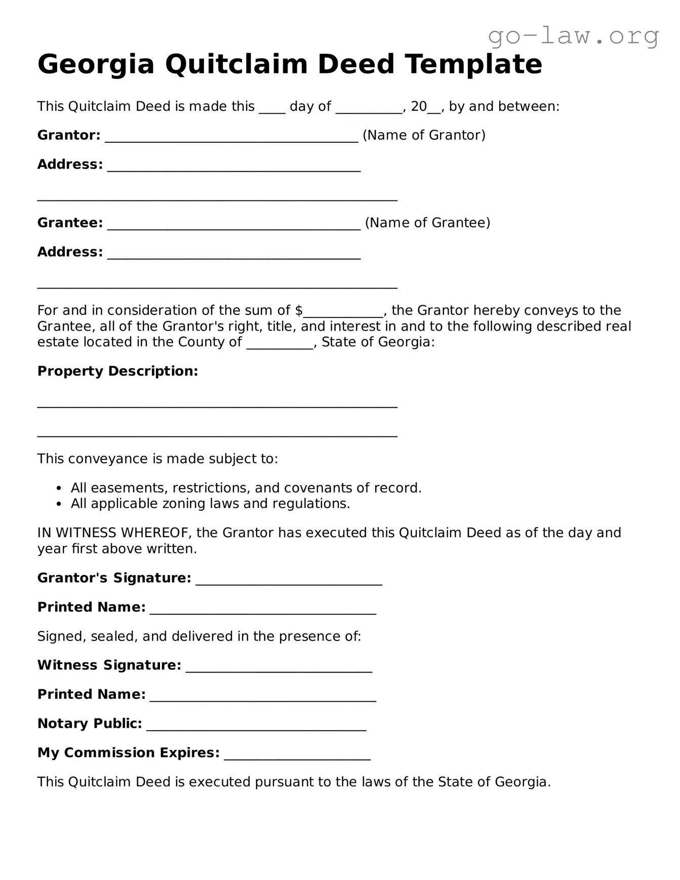 Fillable Georgia Quitclaim Deed Form