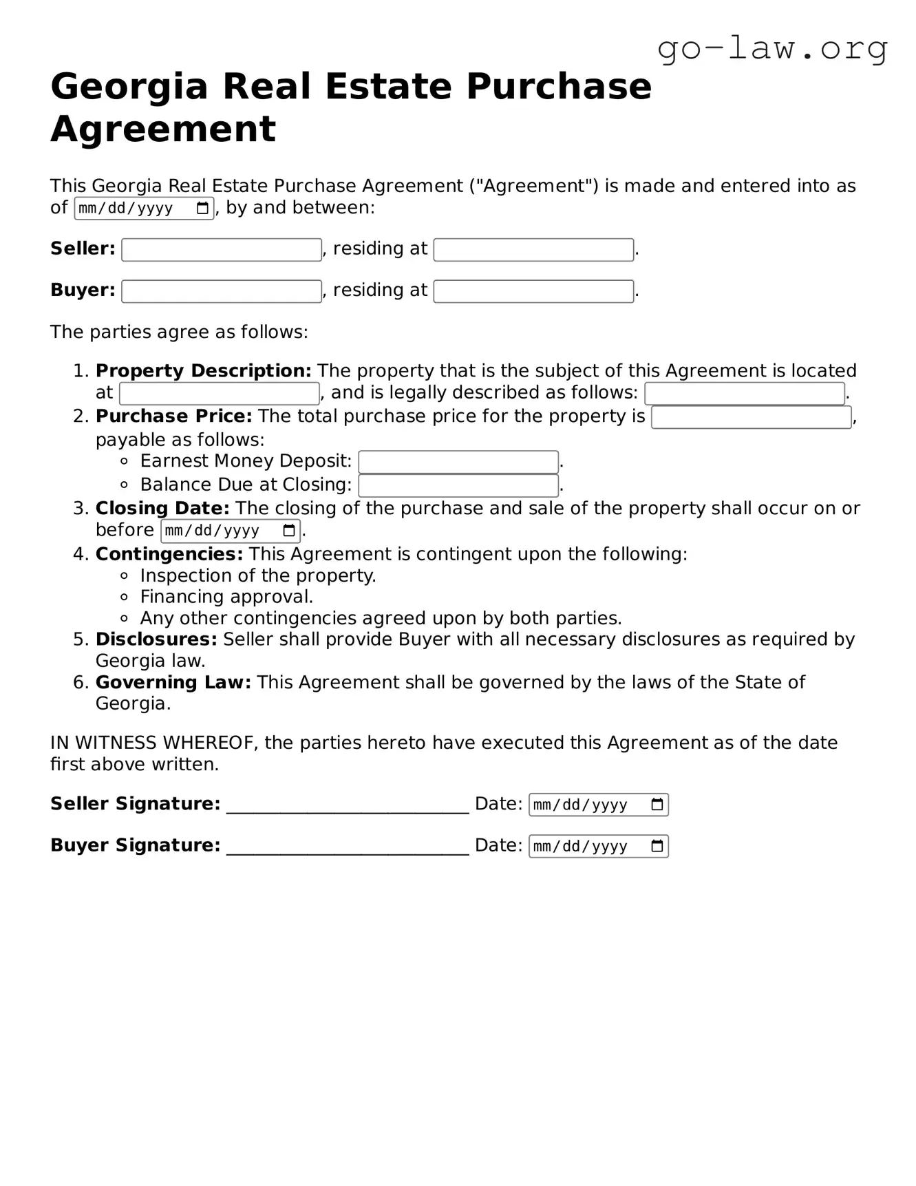 Fillable Georgia Real Estate Purchase Agreement Form