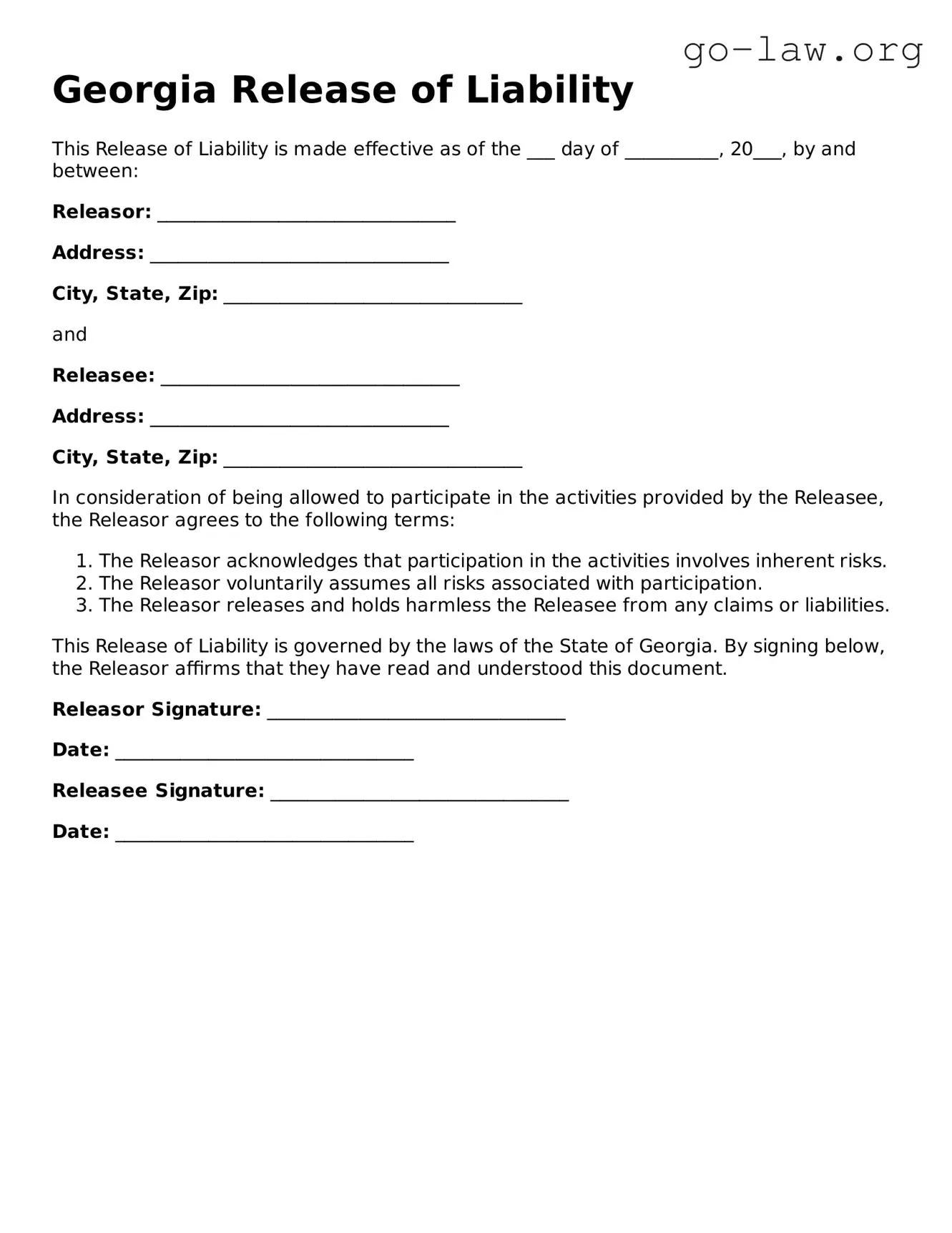 Fillable Georgia Release of Liability Form