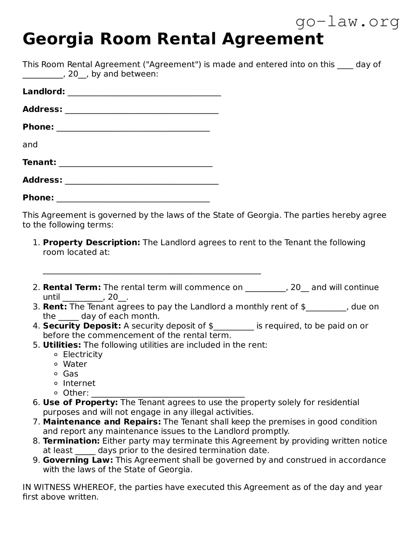 Fillable Georgia Room Rental Agreement Form
