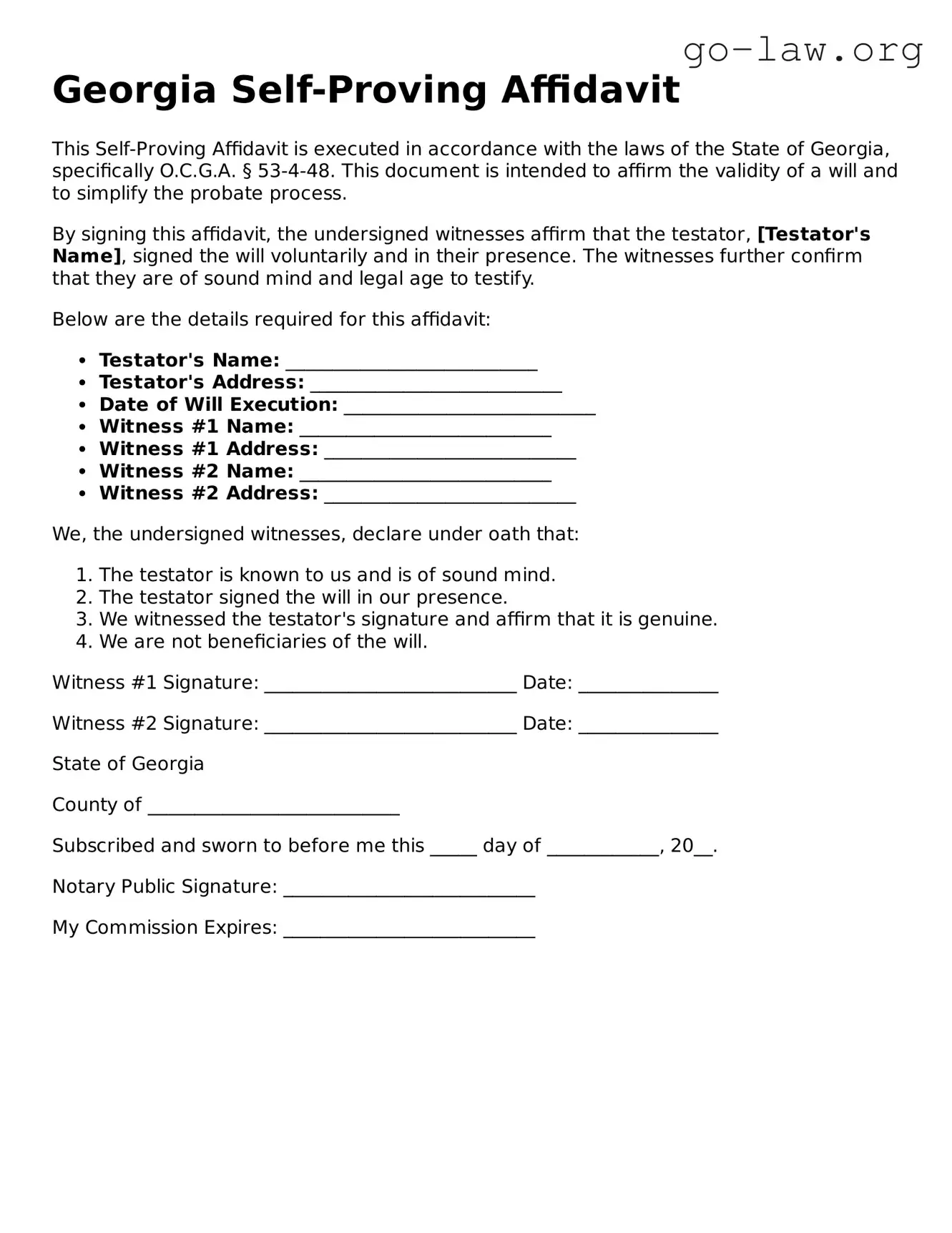 Fillable Georgia Self-Proving Affidavit Form