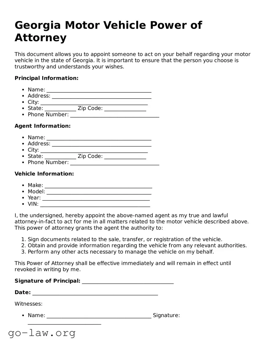 Fillable Georgia Motor Vehicle Power of Attorney Form