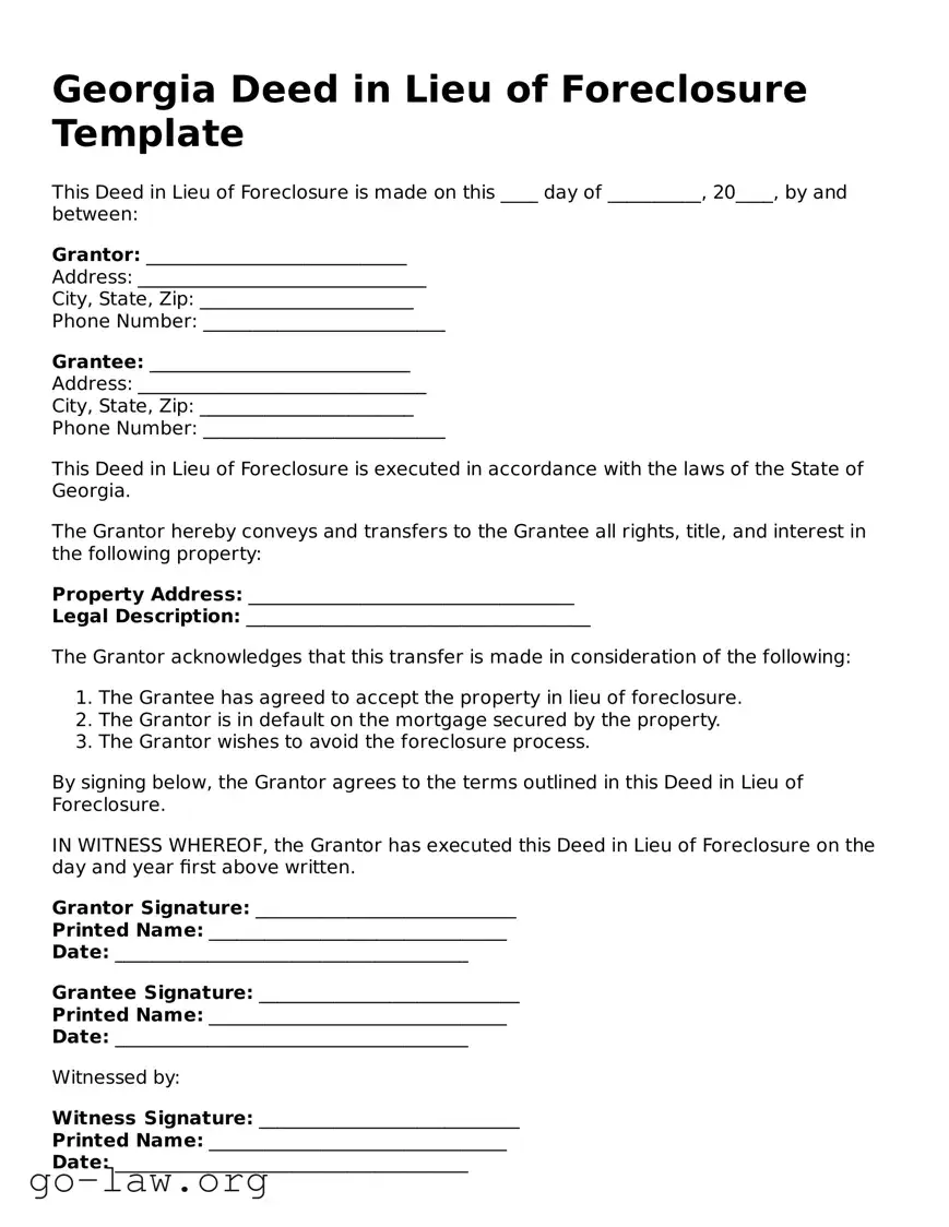 Fillable Georgia Deed in Lieu of Foreclosure Form