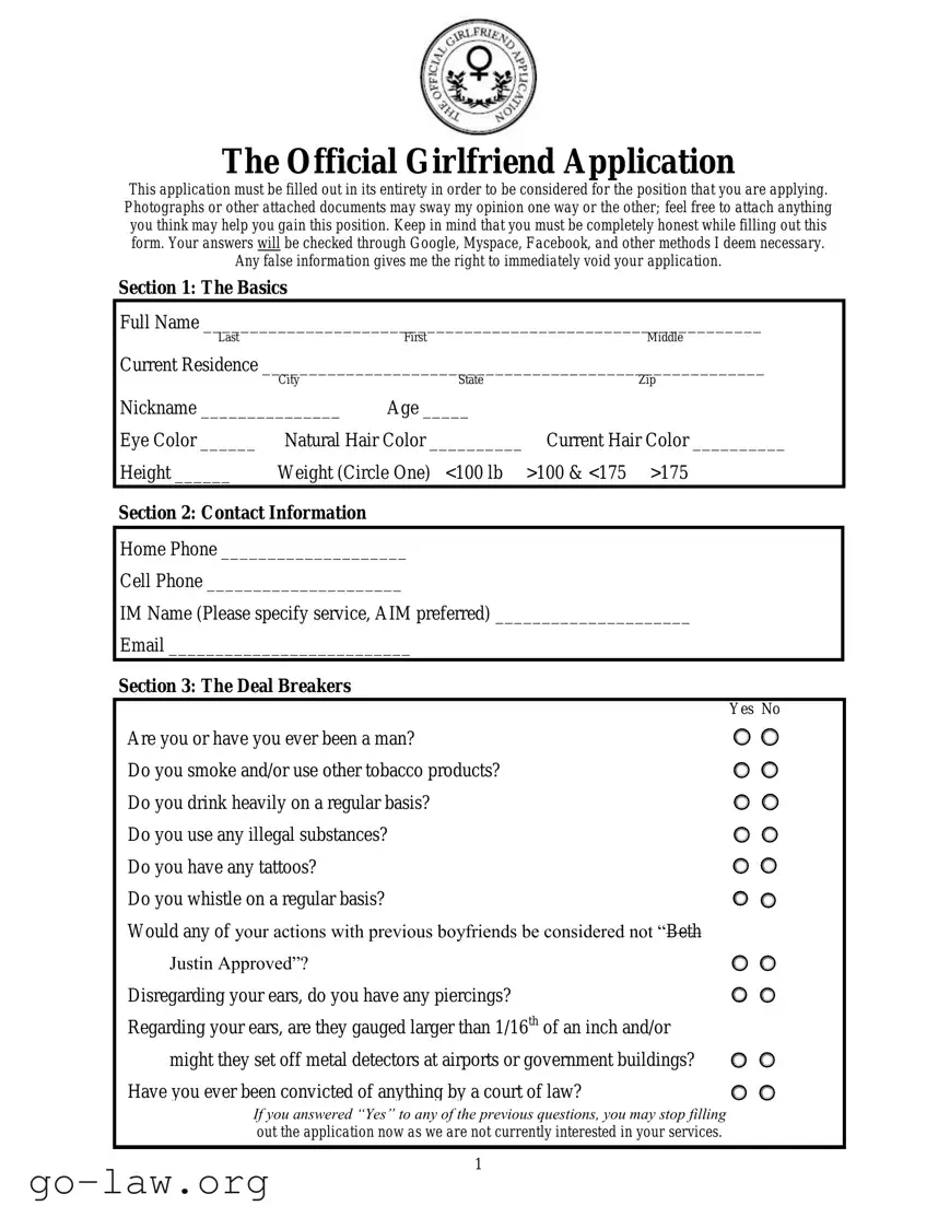 Download Girlfriend Application Form in PDF