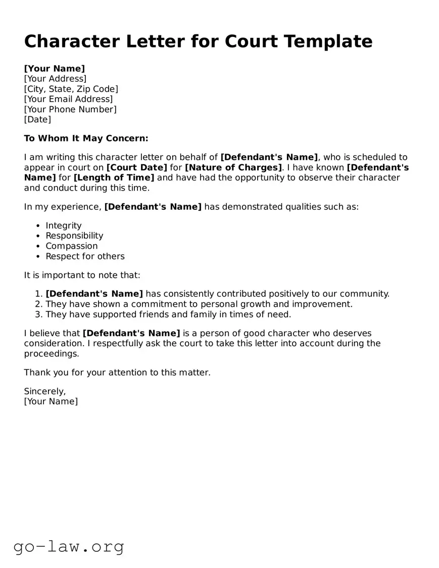 Blank Character Letter for Court Template