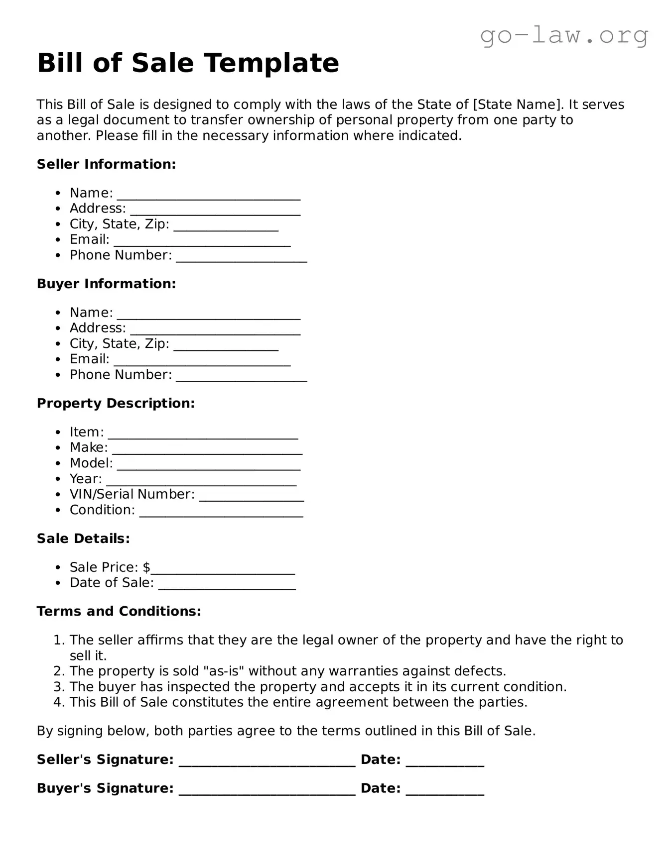 Blank Bill of Sale Template