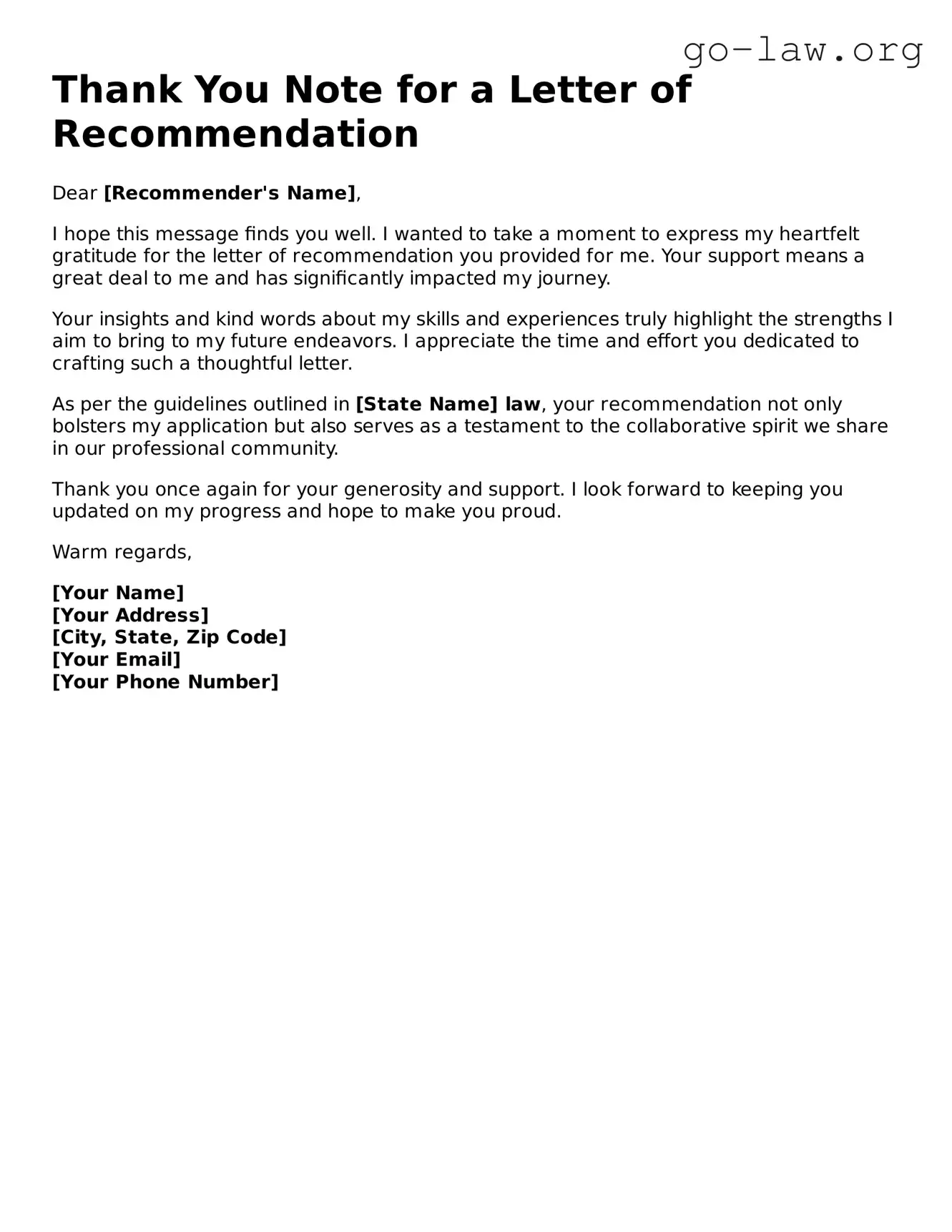 Blank Thank You Note for a Letter of Recommendation Template