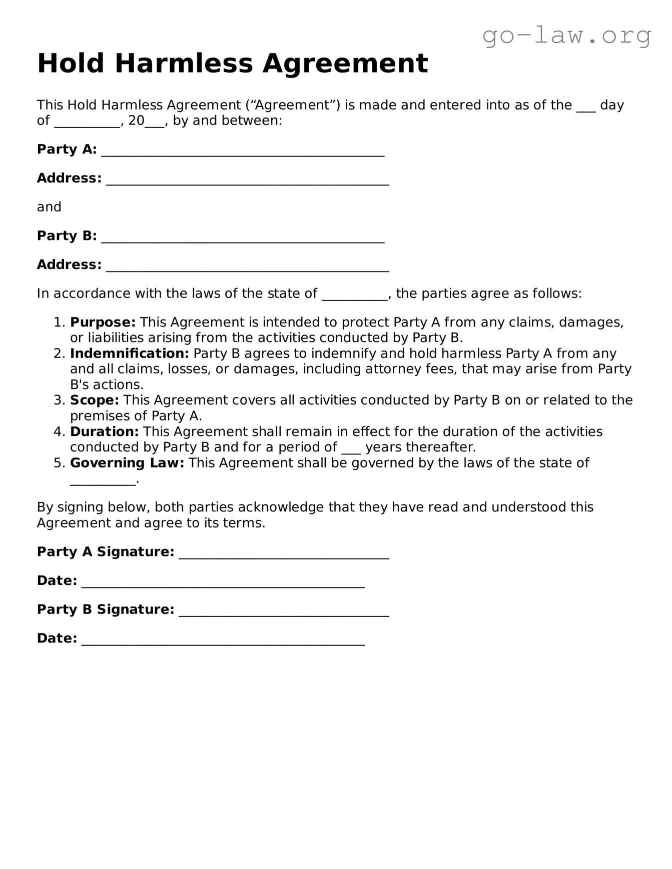 Blank Hold Harmless Agreement Template