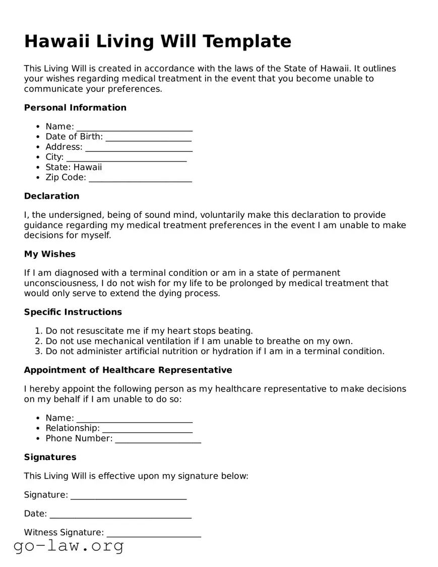 Fillable Hawaii Living Will Form