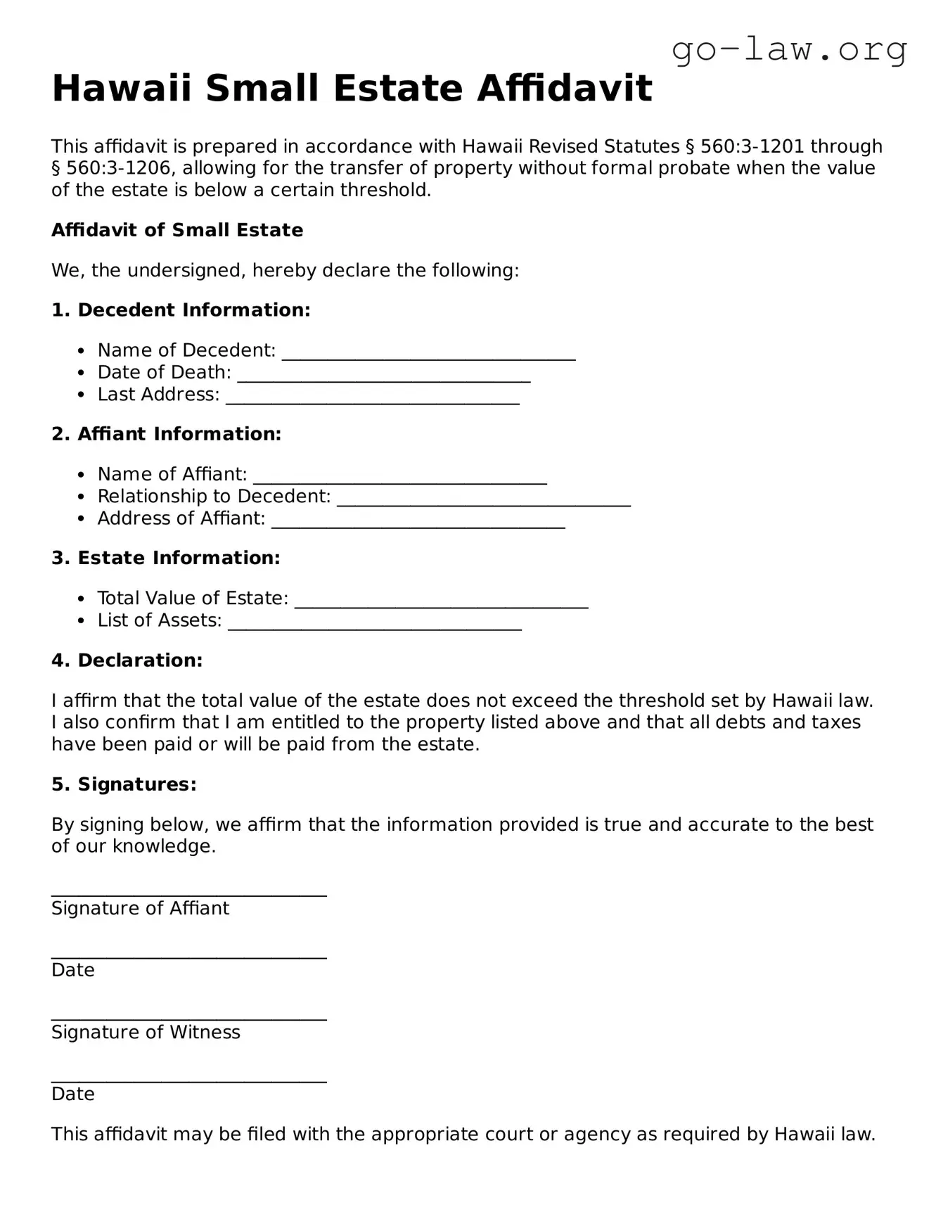 Fillable Hawaii Small Estate Affidavit Form