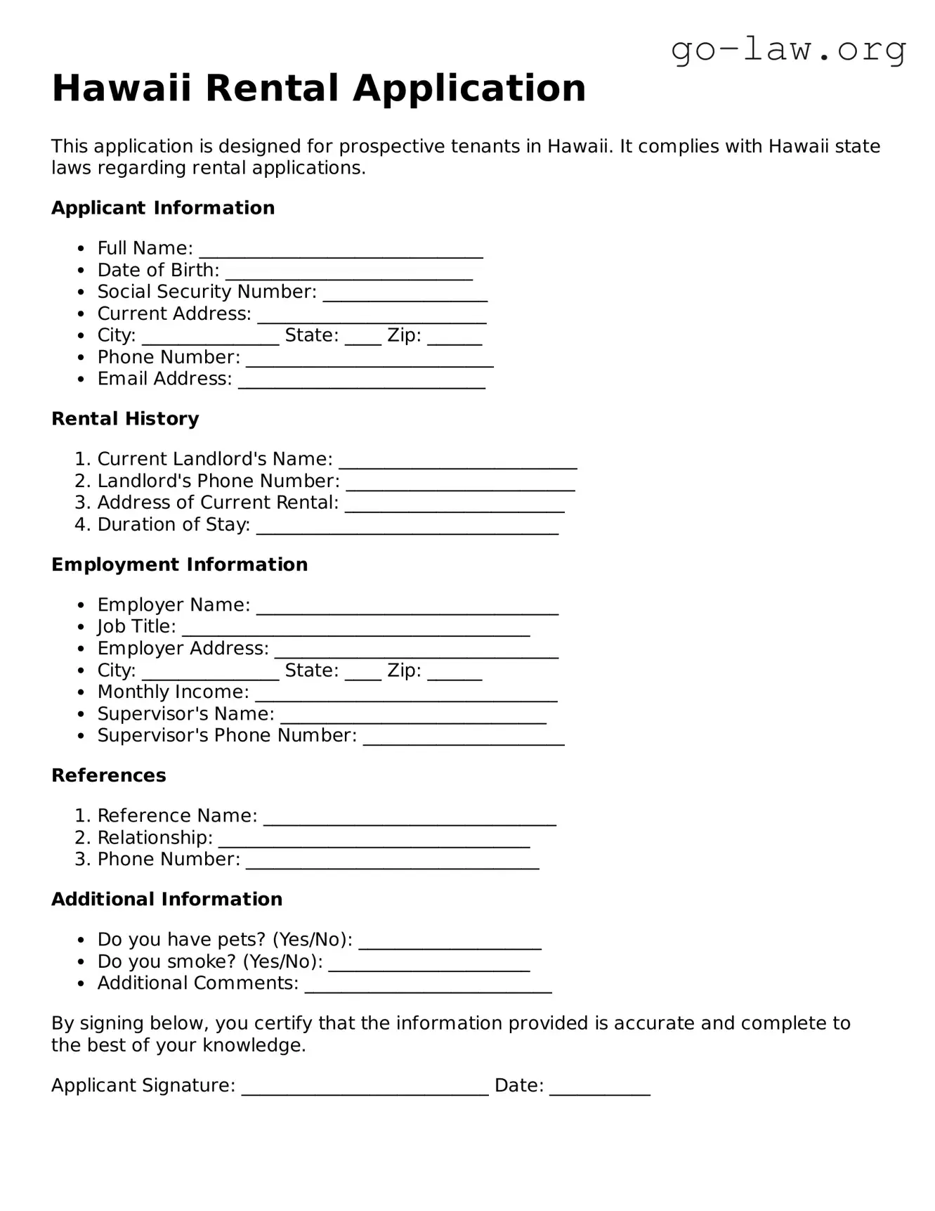 Fillable Hawaii Rental Application Form