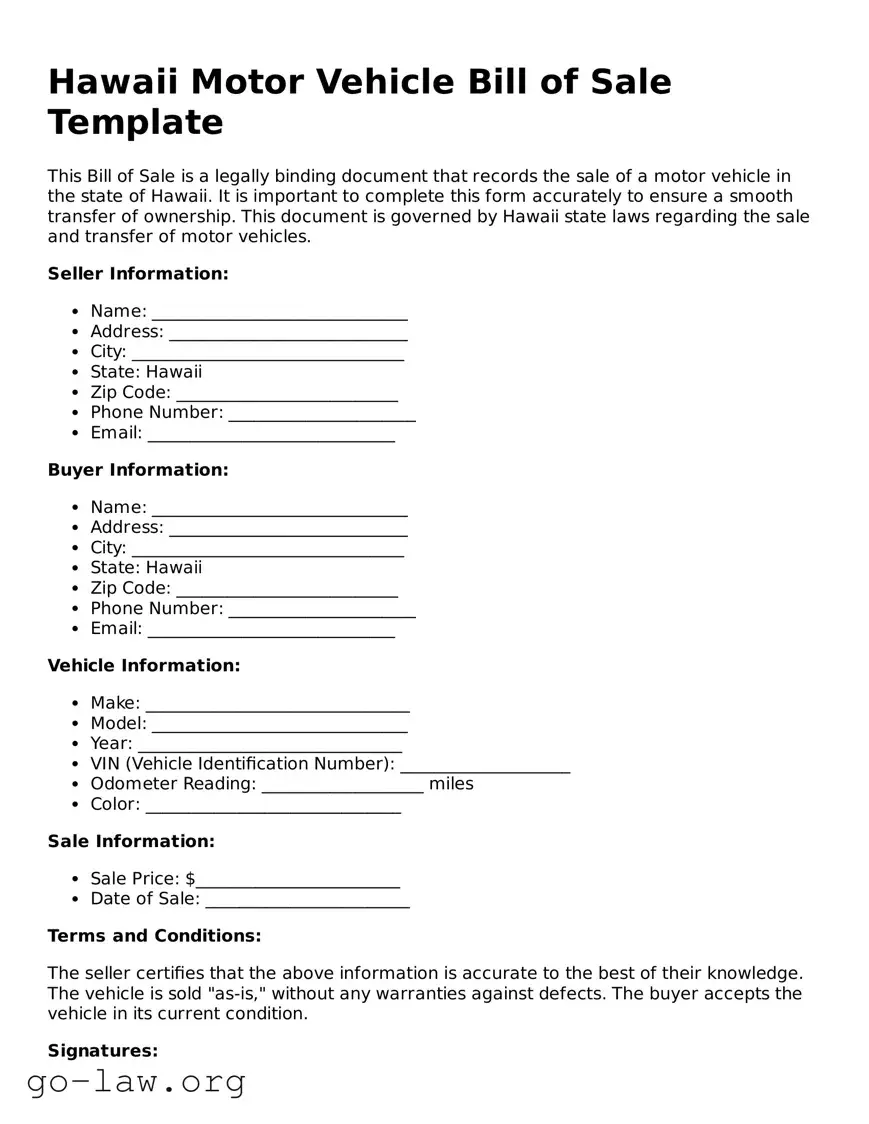 Fillable Hawaii Motor Vehicle Bill of Sale Form
