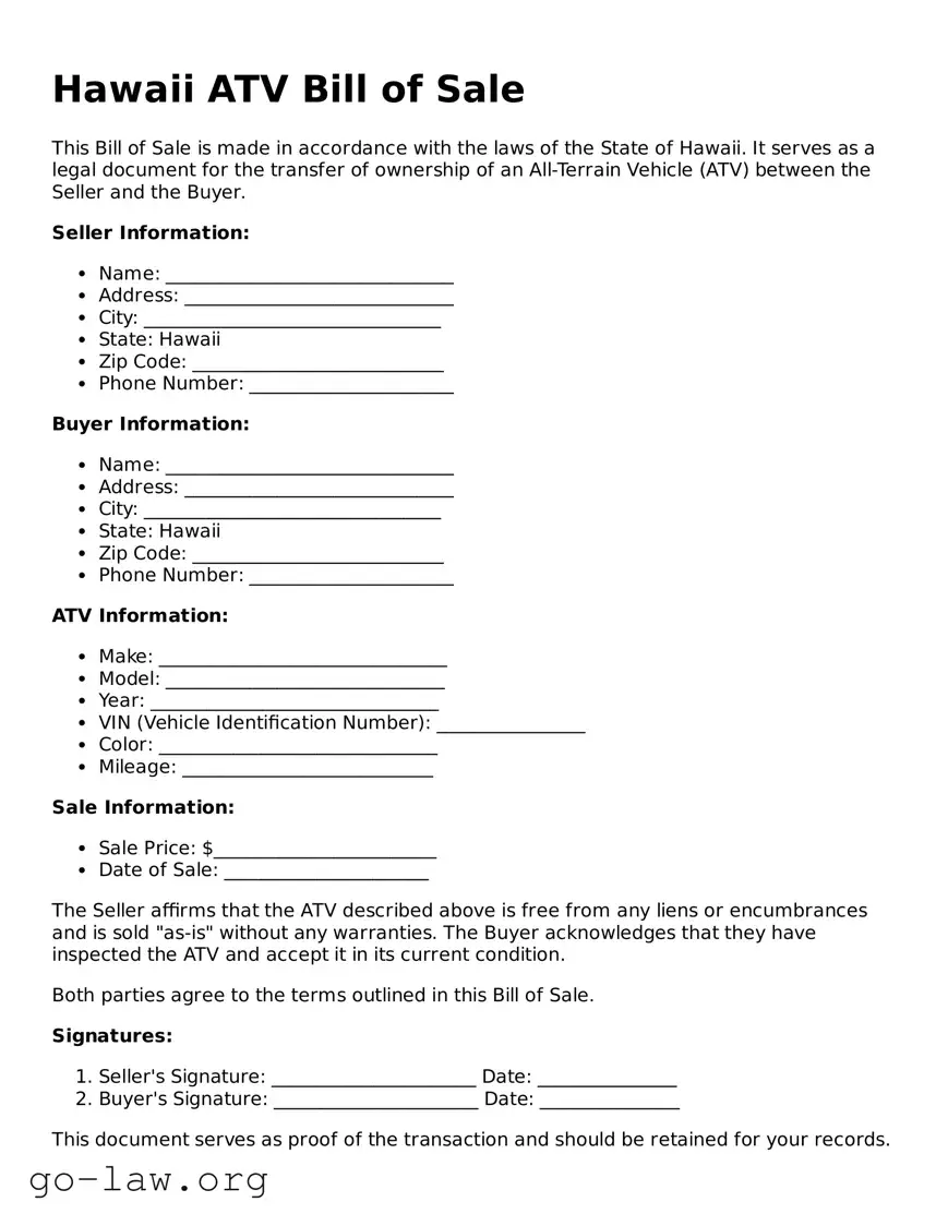 Fillable Hawaii ATV Bill of Sale Form