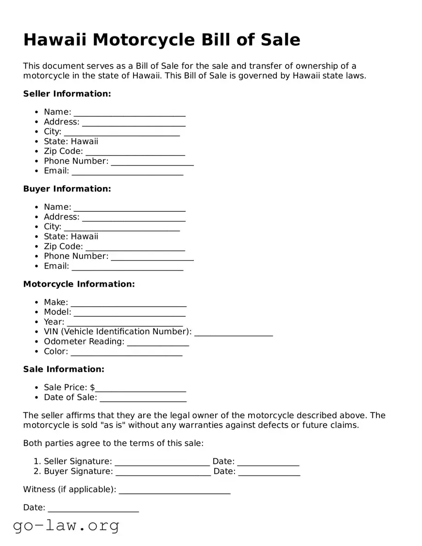 Fillable Hawaii Motorcycle Bill of Sale Form