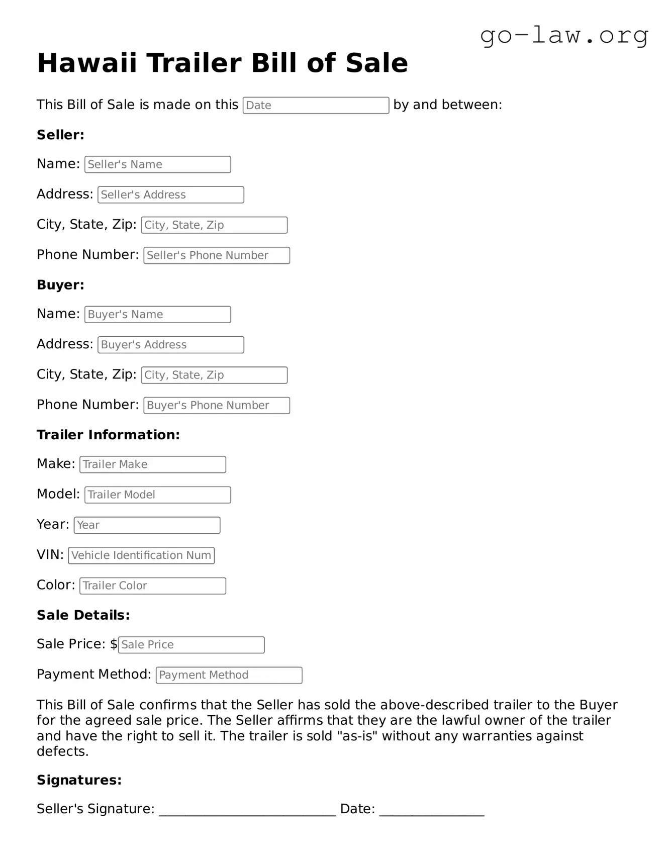 Fillable Hawaii Trailer Bill of Sale Form